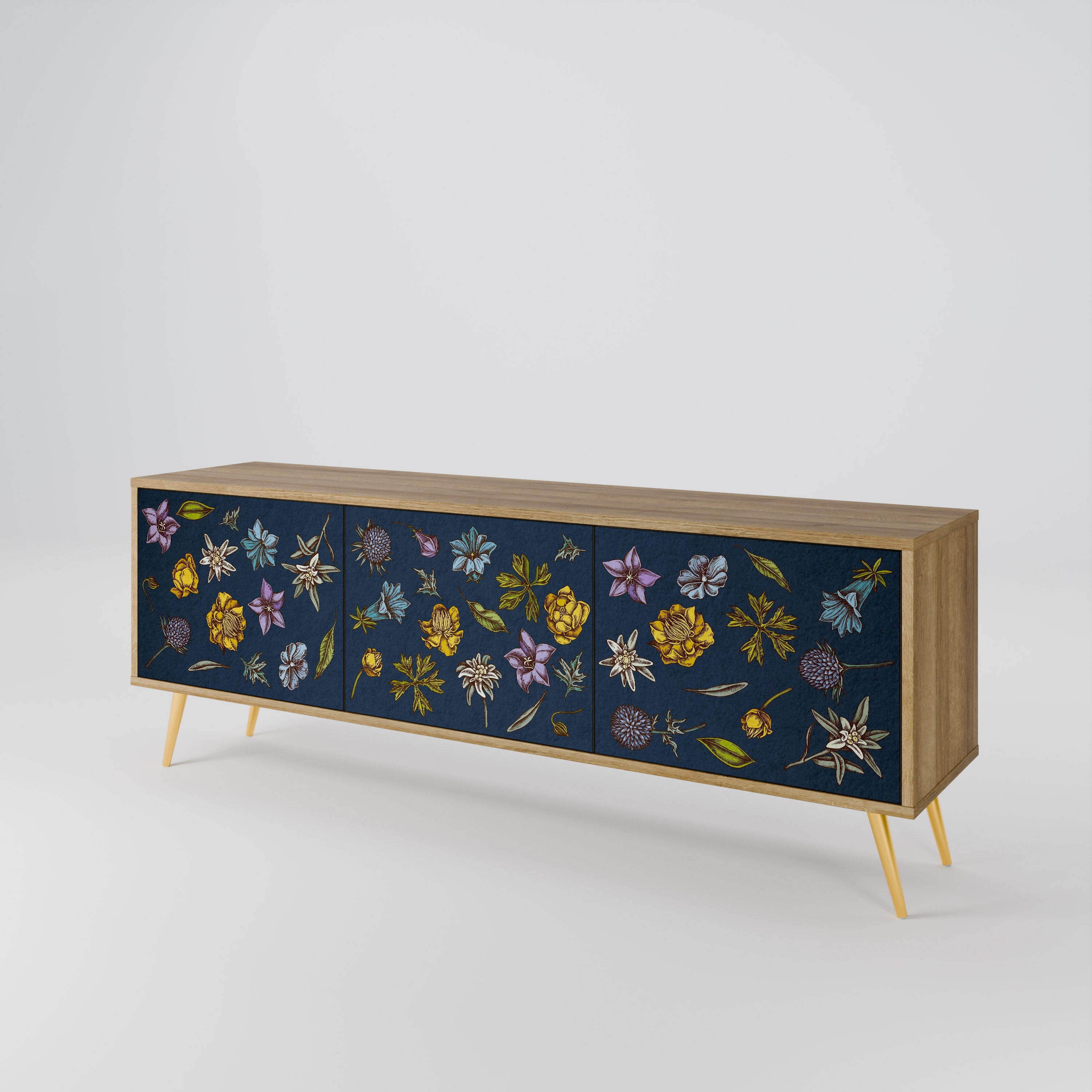 FLOWERS ON NAVY BLUE TV-Lowboard mit 3 Türen in Eiche-Optik
