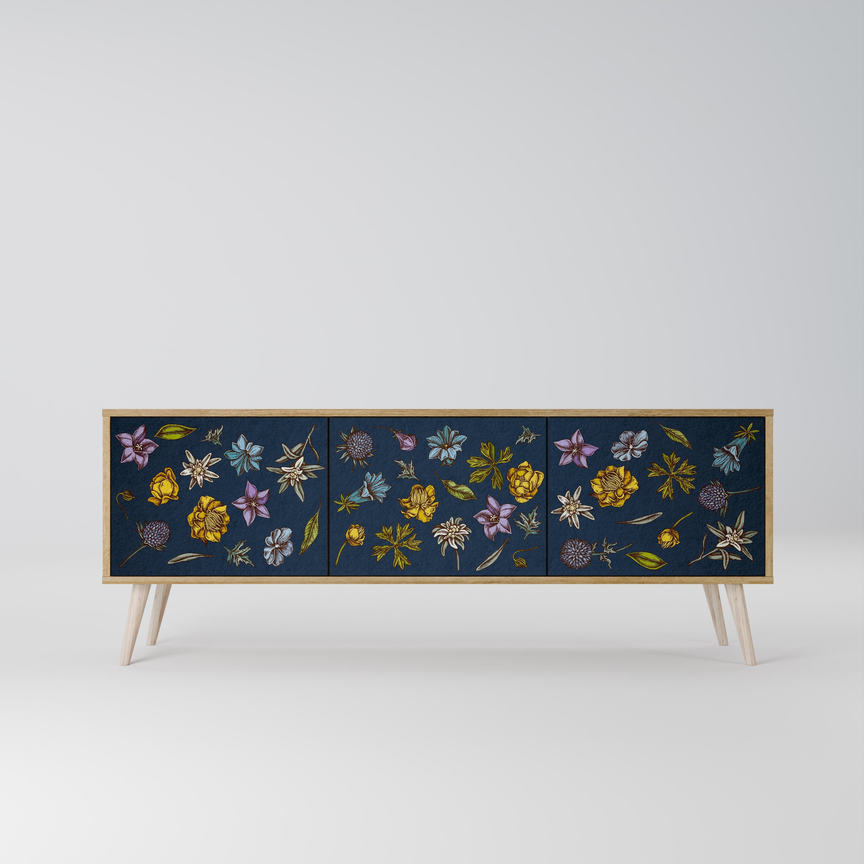 FLOWERS ON NAVY BLUE TV-Lowboard mit 3 Türen in Eiche-Optik
