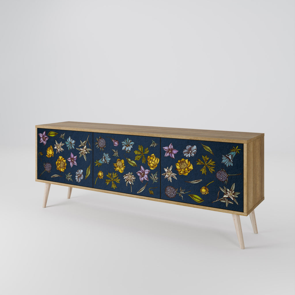 FLOWERS ON NAVY BLUE TV-Lowboard mit 3 Türen in Eiche-Optik