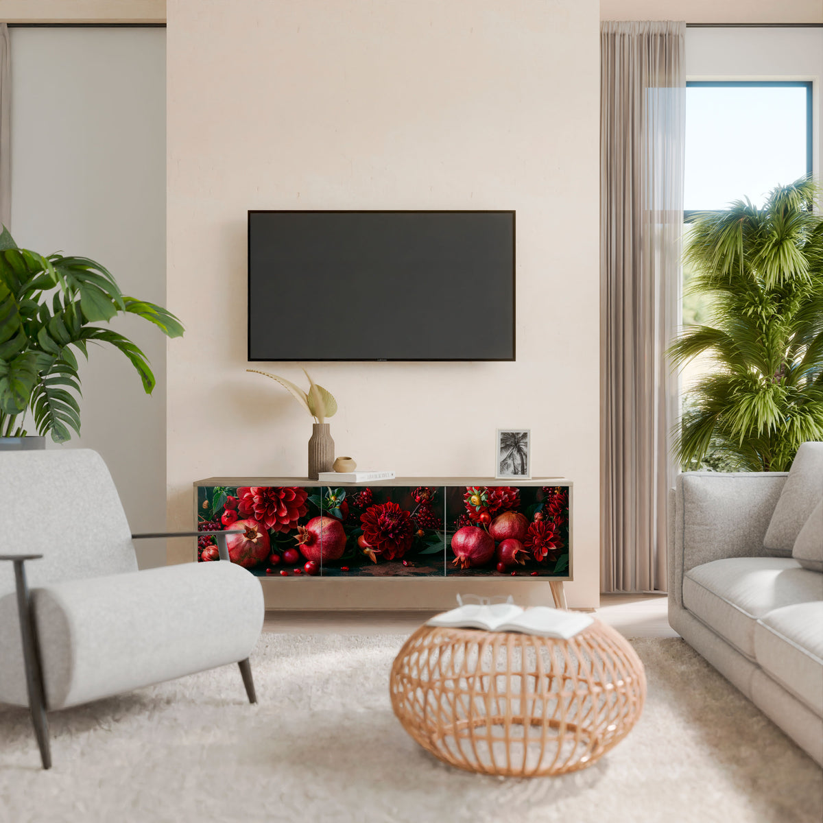 DAHLIAS AND POMEGRANATES 3-Door TV Cabinet