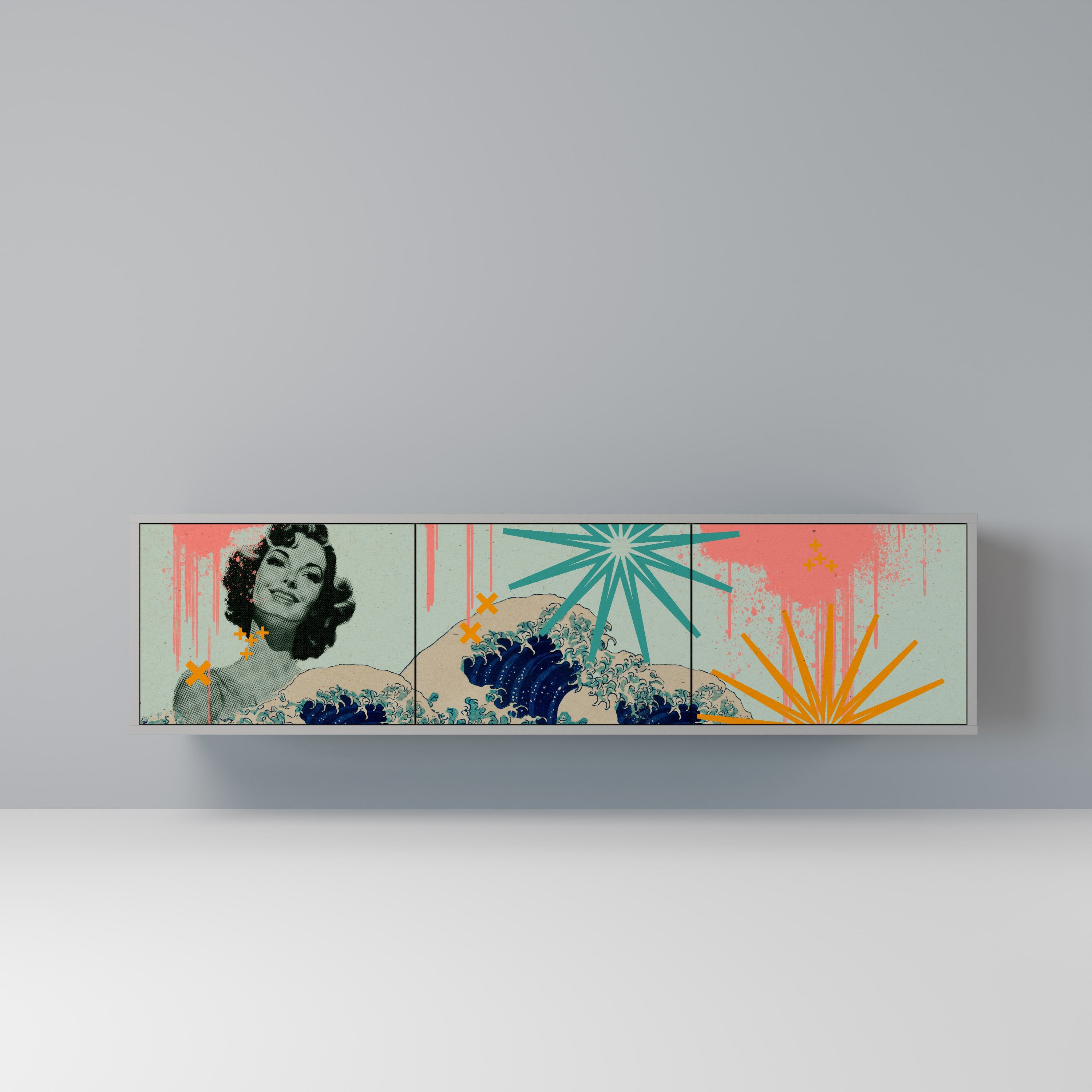 KANAGAWA BEAUTY 3-Door TV Stand in Grey Finish