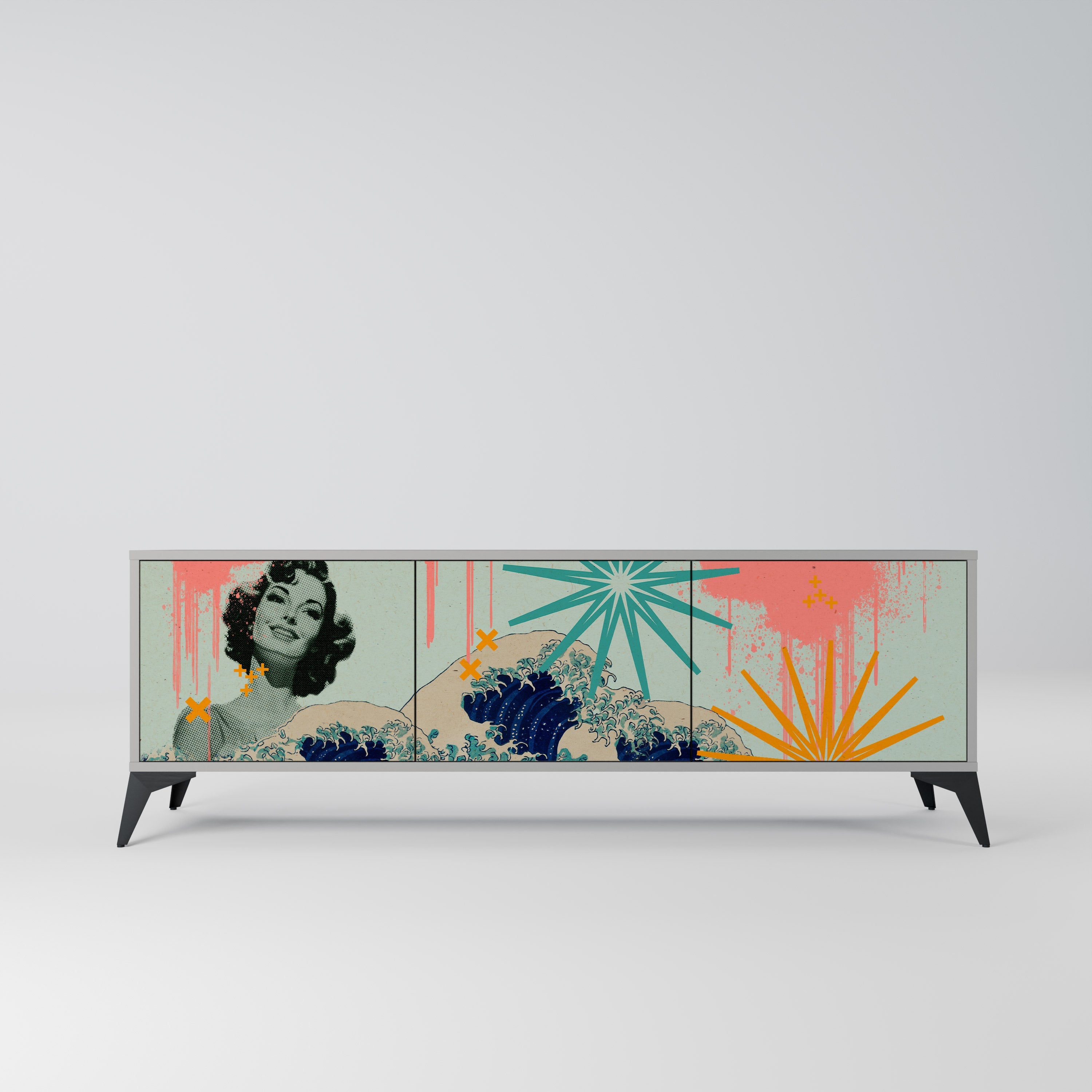 KANAGAWA BEAUTY 3-Door TV Stand in Grey Finish