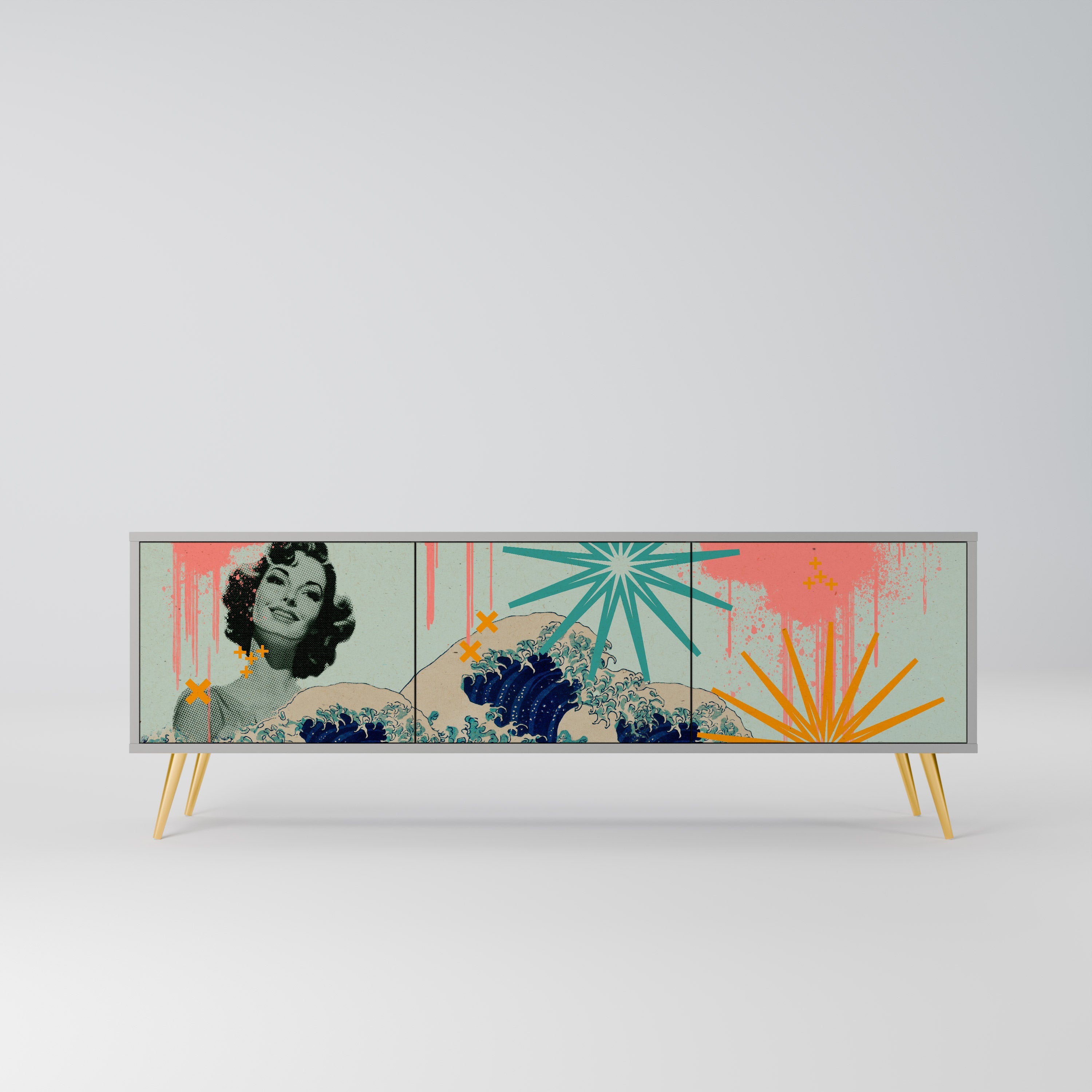 KANAGAWA BEAUTY 3-Door TV Stand in Grey Finish