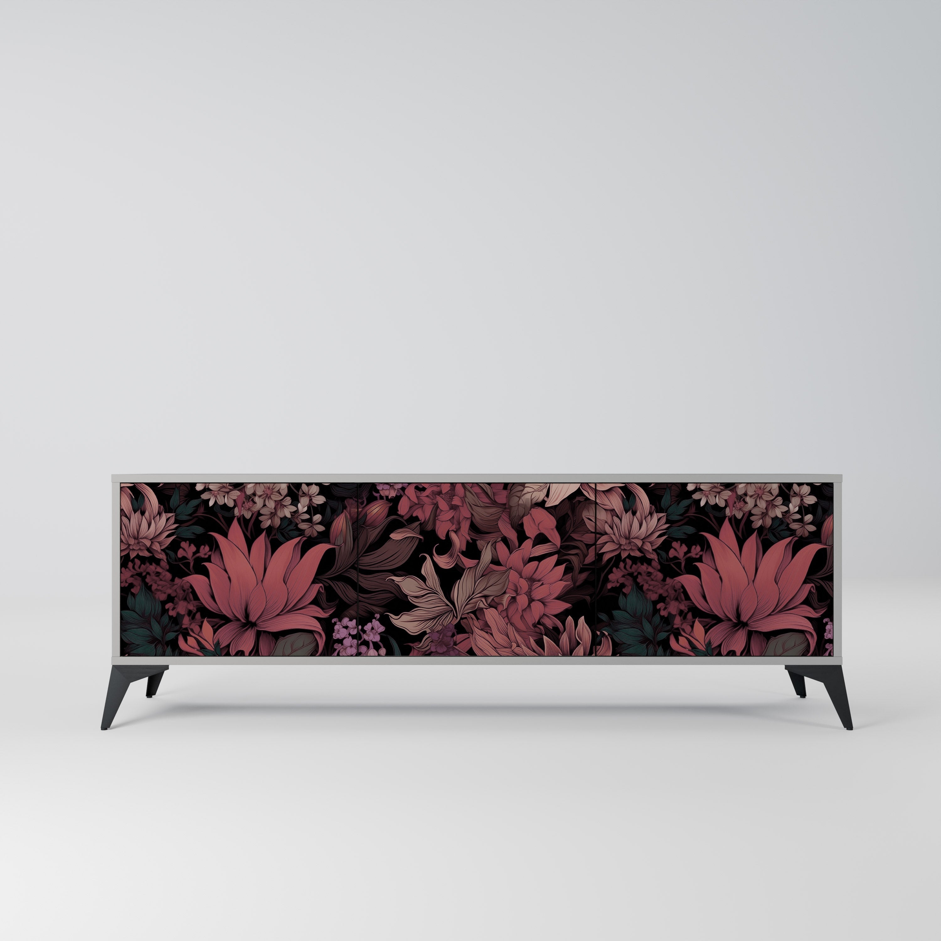 FLORAL WHISPER 3-Door TV Stand in Grey Finish