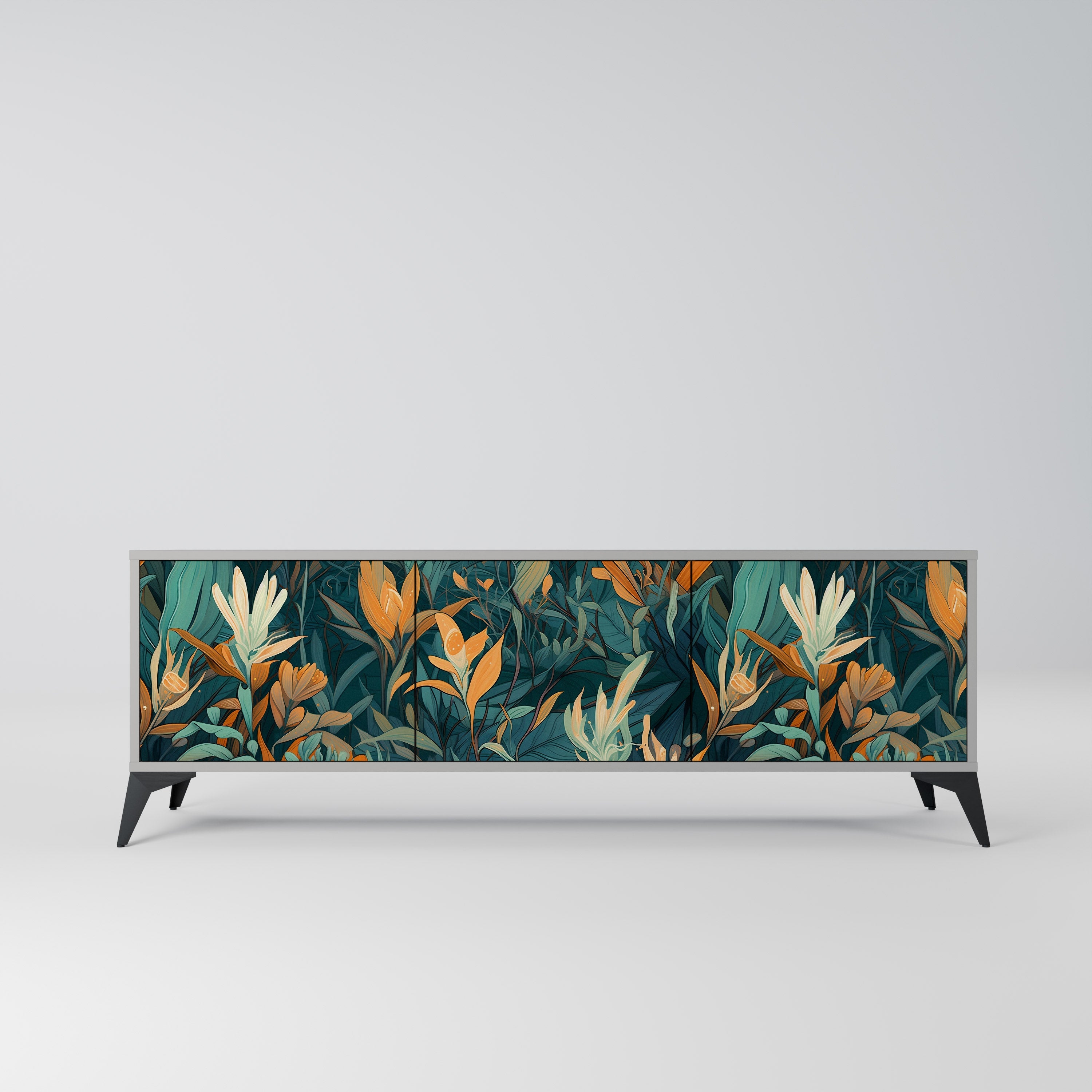 FLORAL SERENITY 3-Door TV Stand in Grey Finish