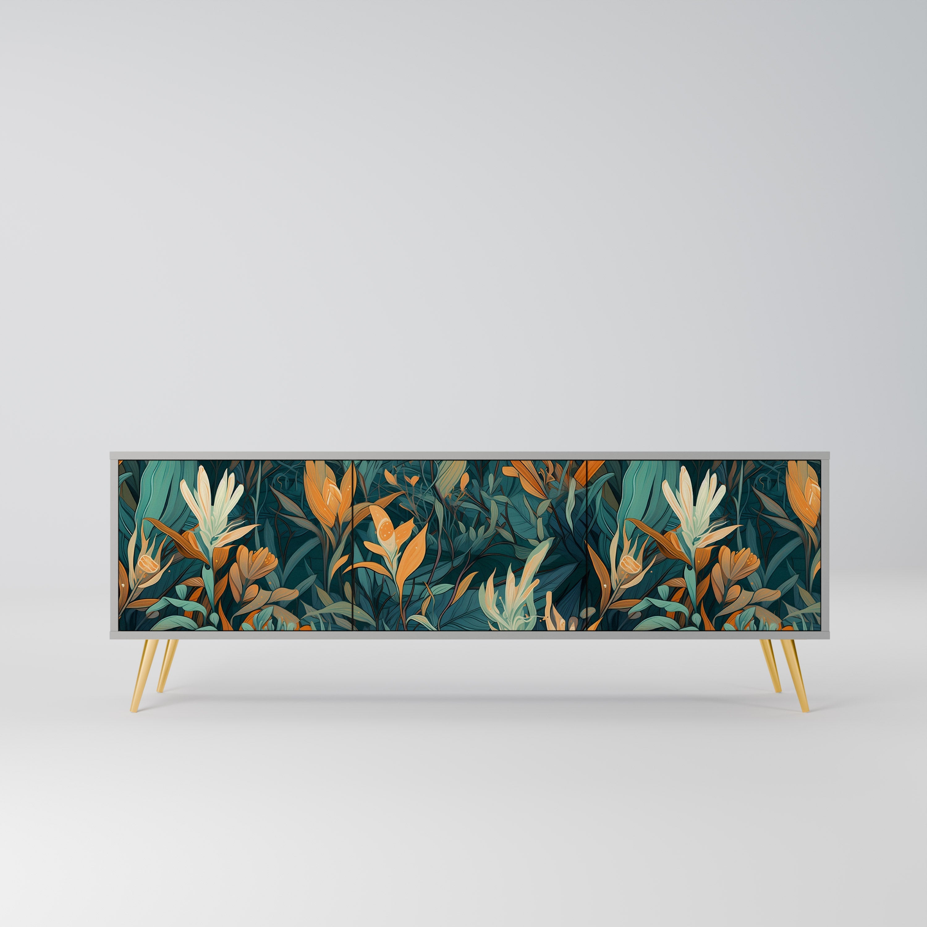 FLORAL SERENITY 3-Door TV Stand in Grey Finish