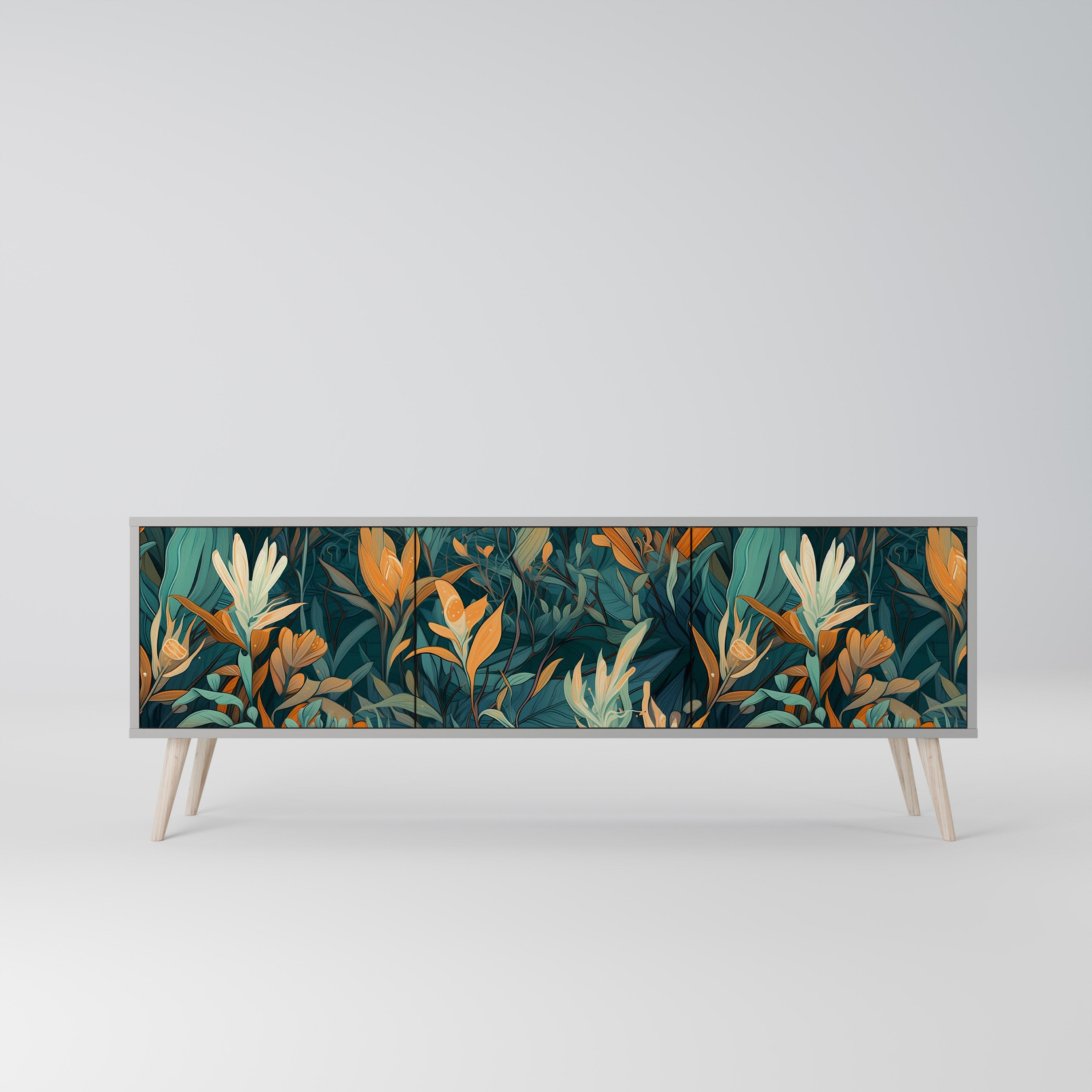 FLORAL SERENITY 3-Door TV Stand in Grey Finish