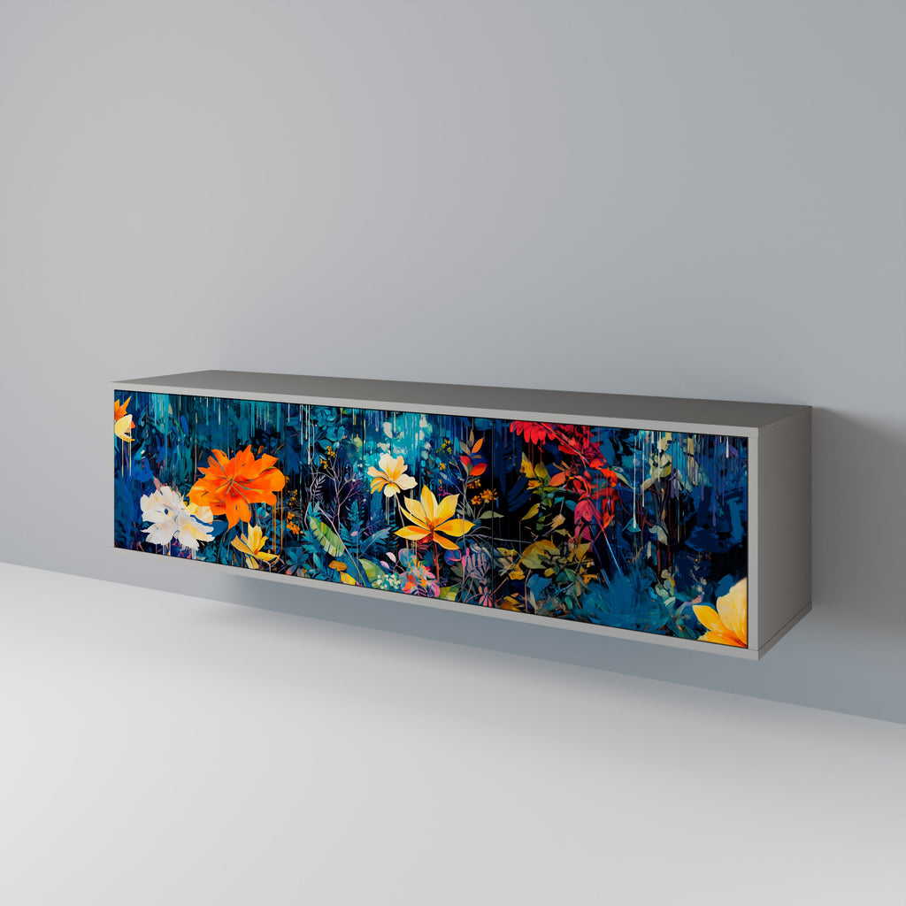 MIDNIGHT BLOSSOM 3-Door TV Stand in Grey Finish