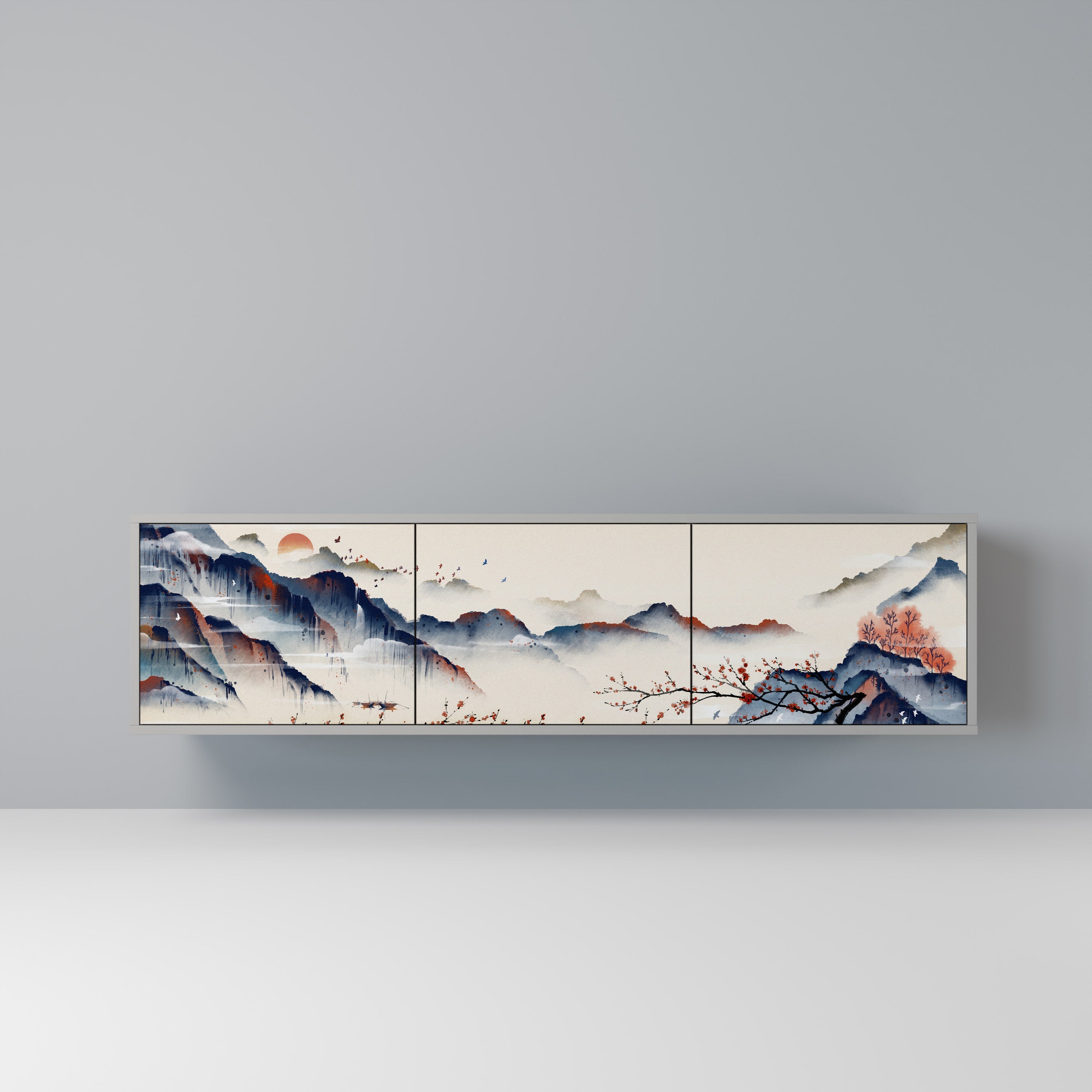 JAPANESE LANDSCAPE 3-Door TV Stand in Grey Finish