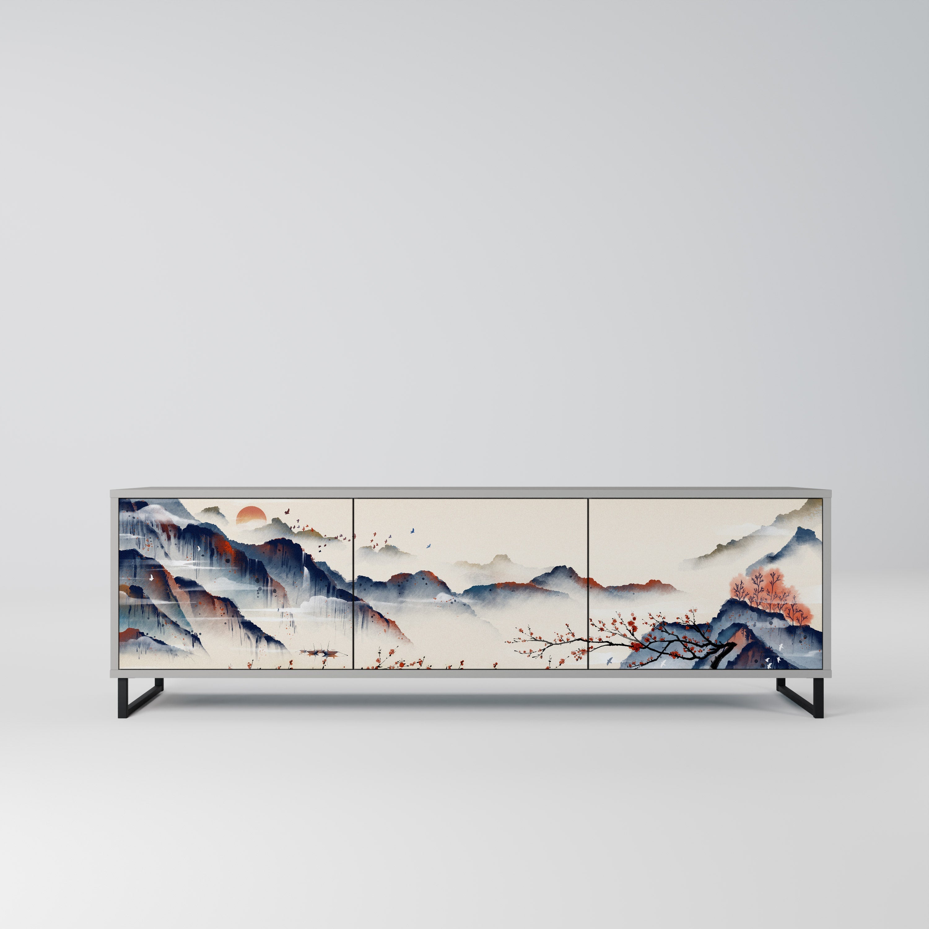 JAPANESE LANDSCAPE 3-Door TV Stand in Grey Finish