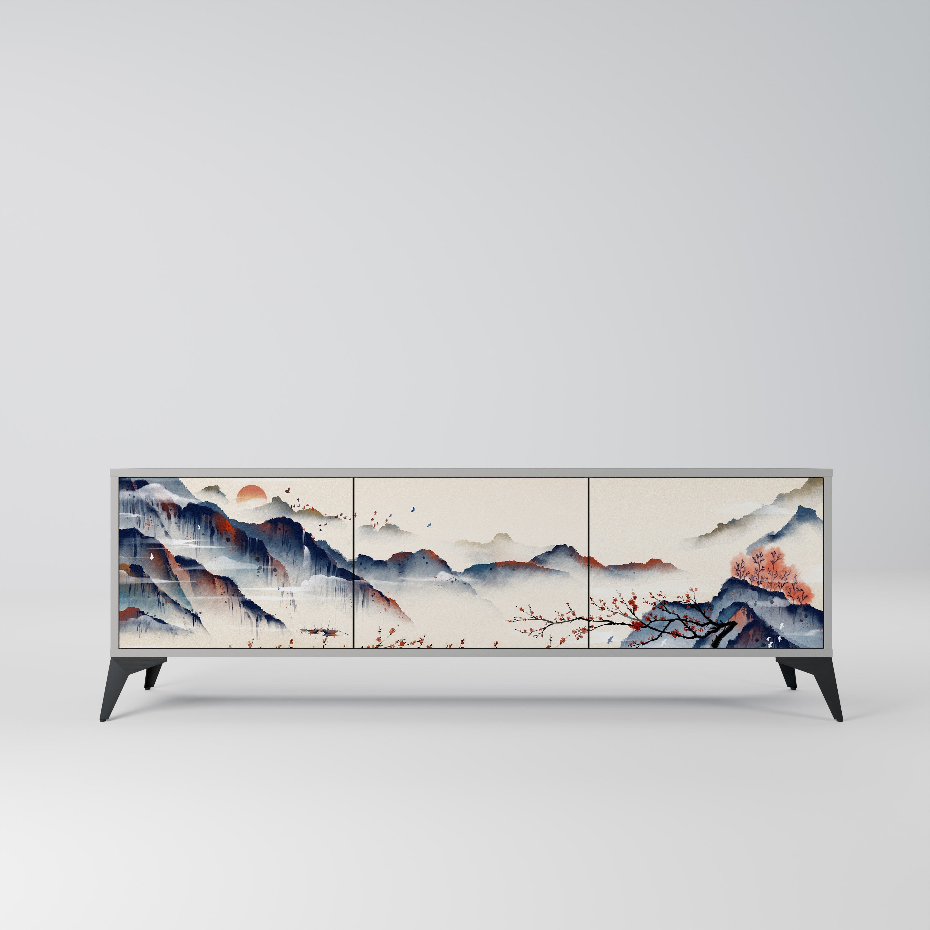 JAPANESE LANDSCAPE 3-Door TV Stand in Grey Finish