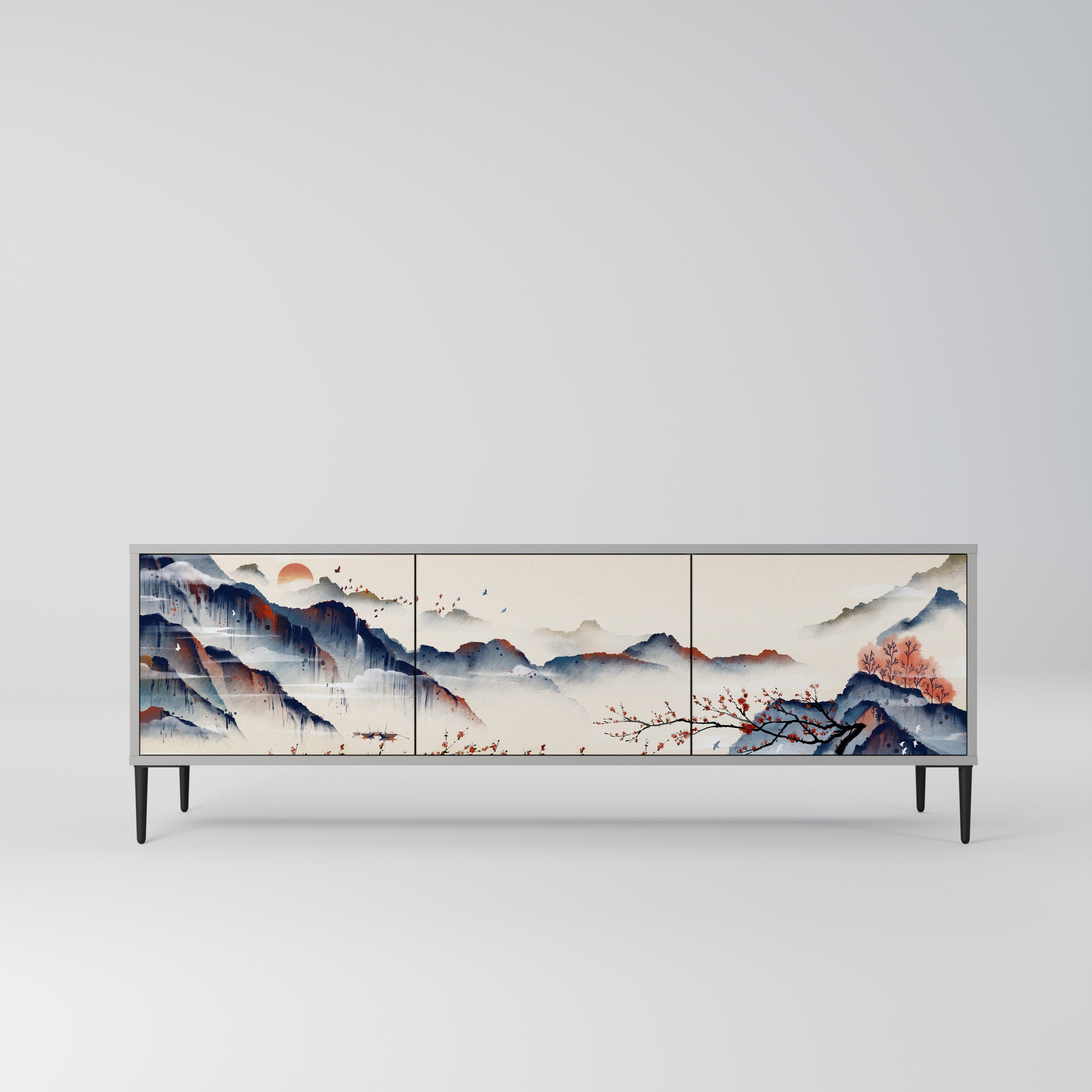 JAPANESE LANDSCAPE 3-Door TV Stand in Grey Finish