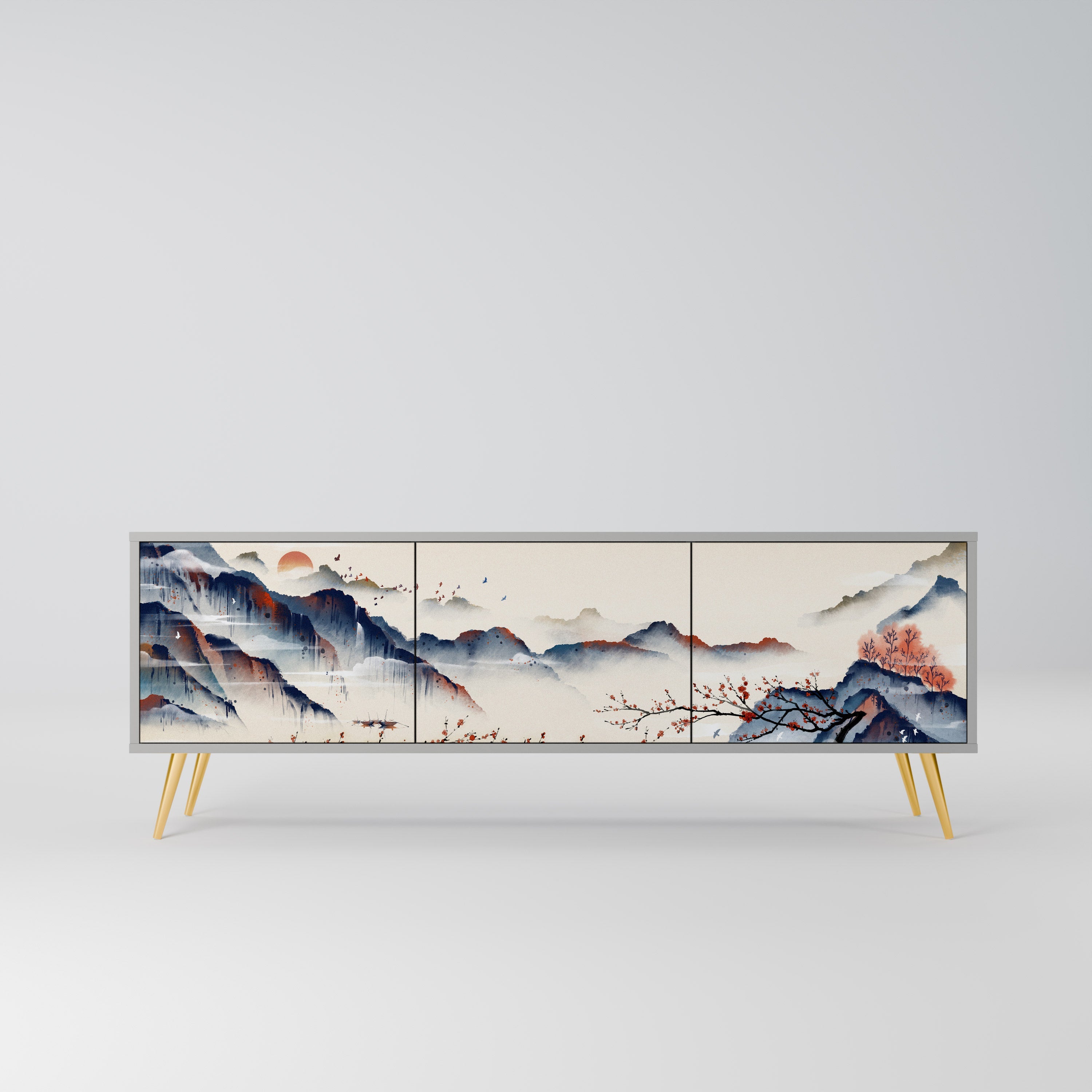 JAPANESE LANDSCAPE 3-Door TV Stand in Grey Finish