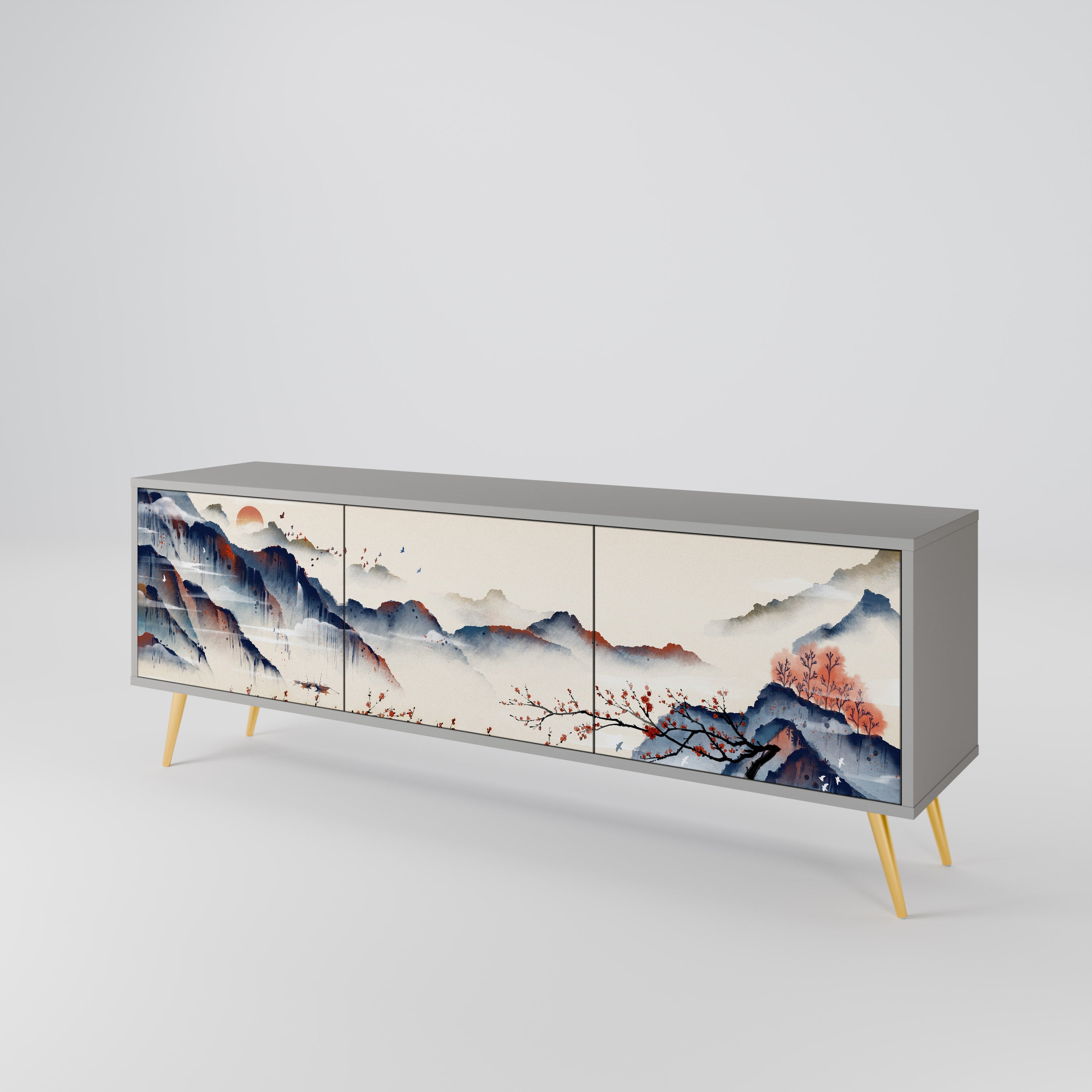 JAPANESE LANDSCAPE 3-Door TV Stand in Grey Finish