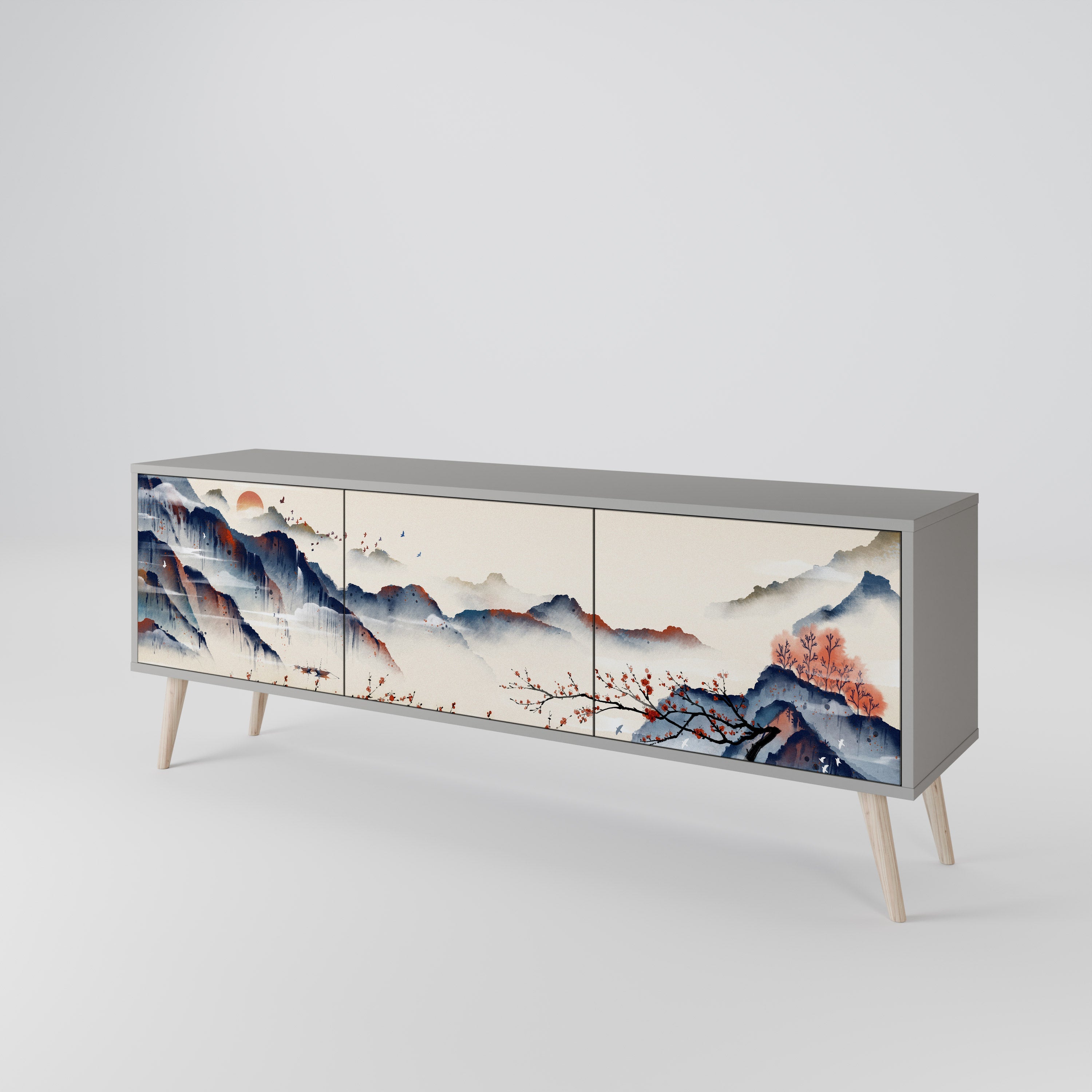 JAPANESE LANDSCAPE 3-Door TV Stand in Grey Finish