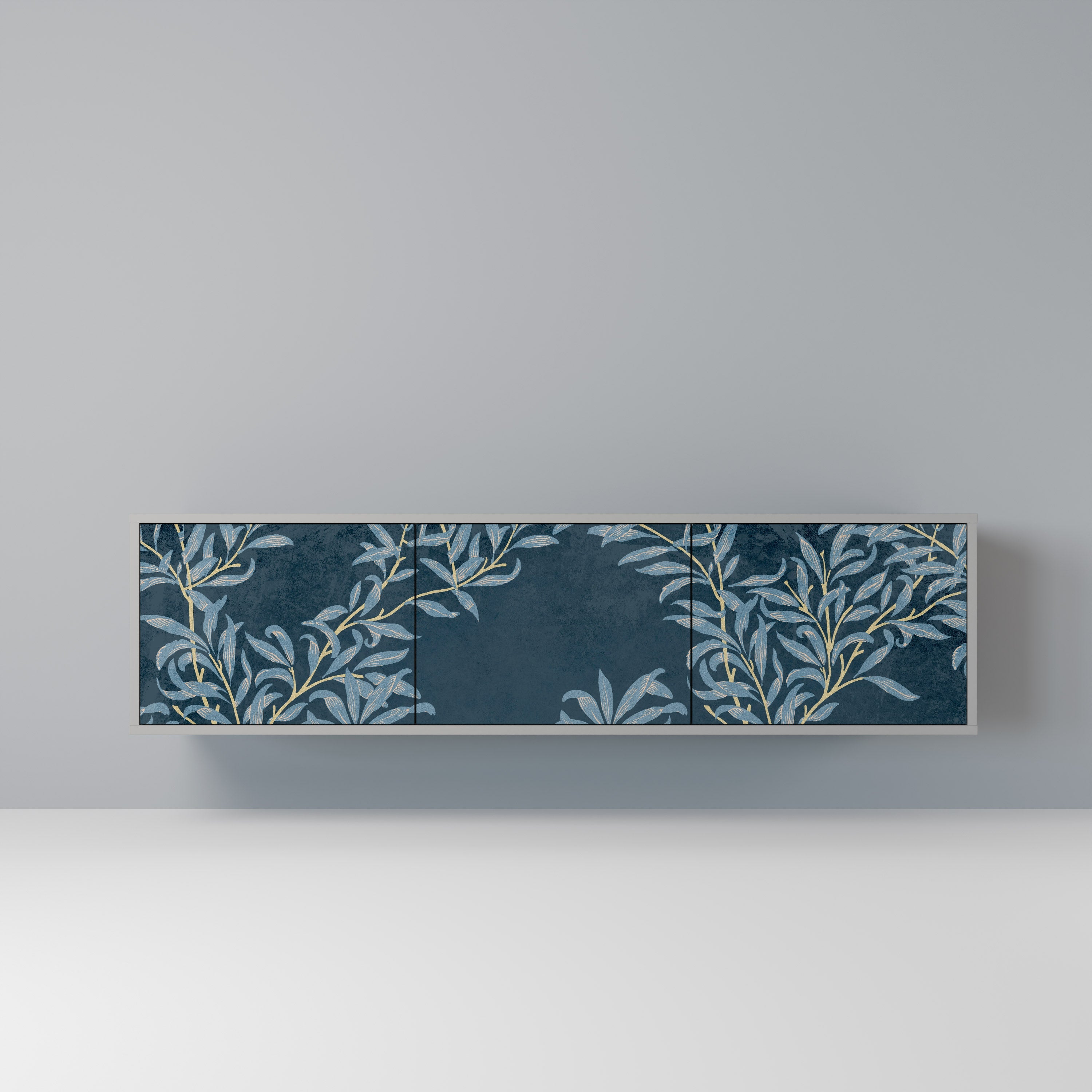 BLUE LEAVES 3-Door TV Stand in Grey Finish