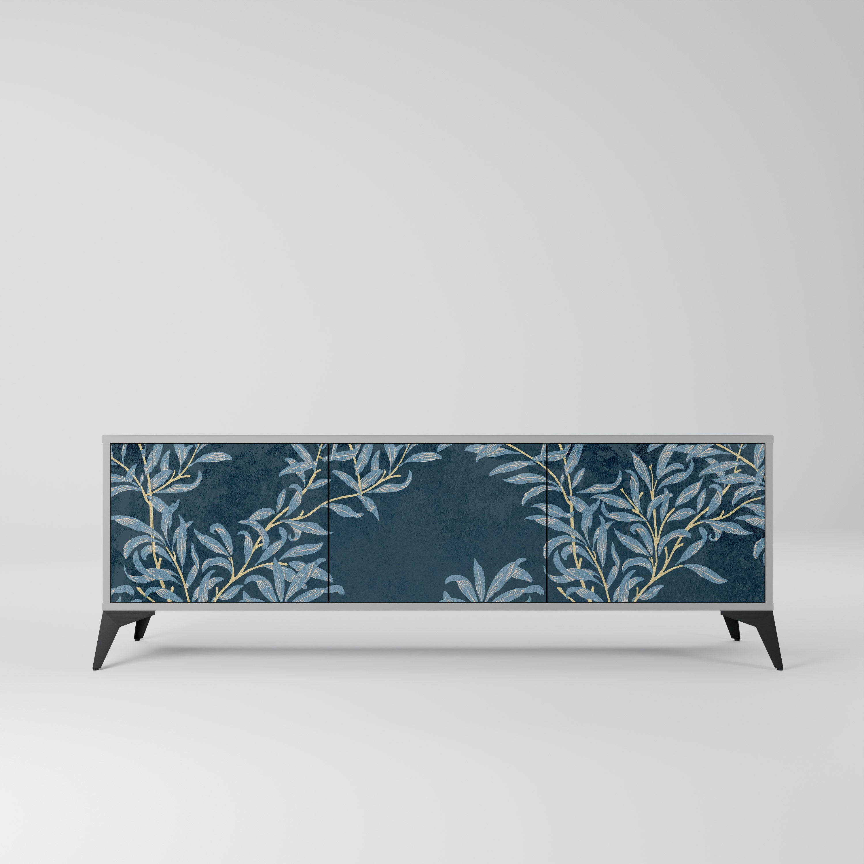 BLUE LEAVES 3-Door TV Stand in Grey Finish