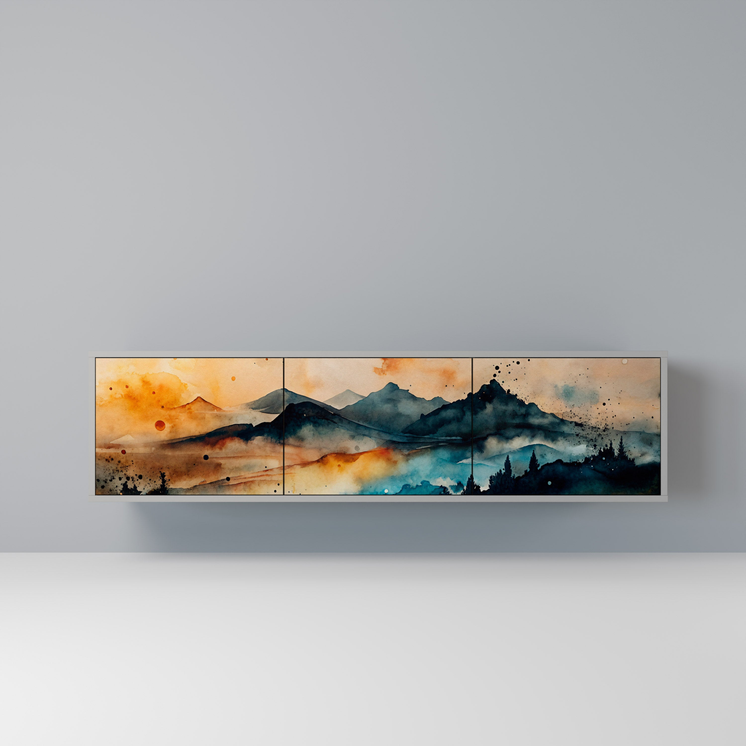 OMINOUS MOUNTAINS 3-Door TV Stand in Grey Finish