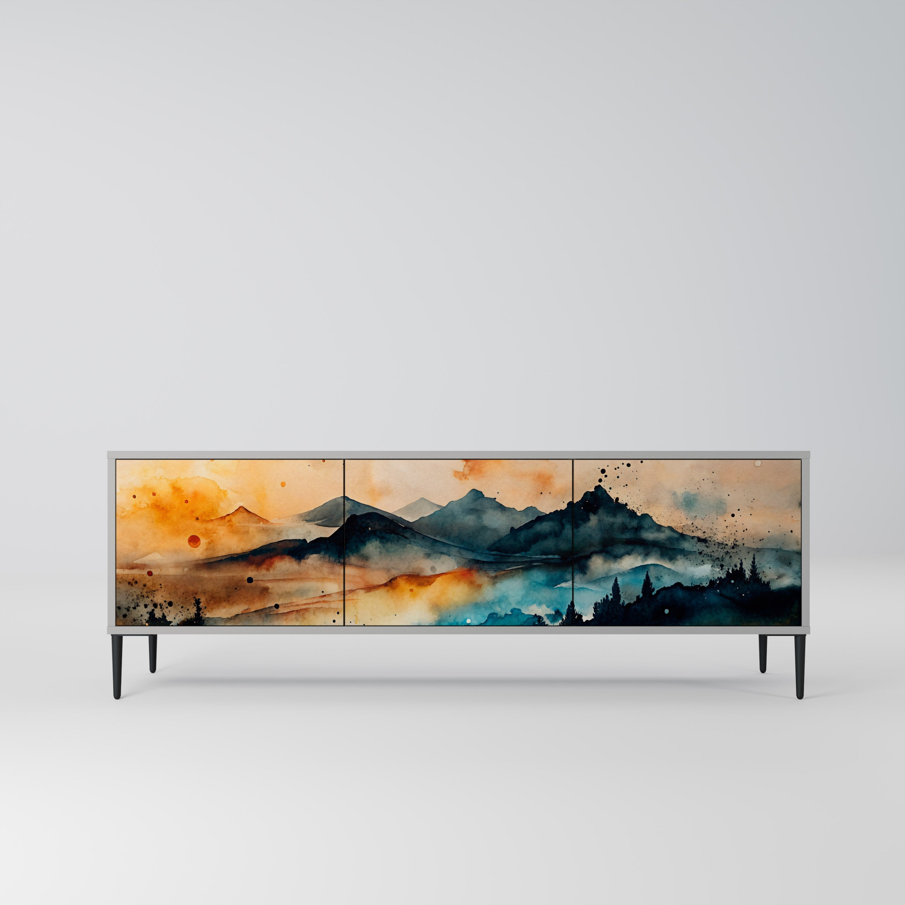 OMINOUS MOUNTAINS 3-Door TV Stand in Grey Finish