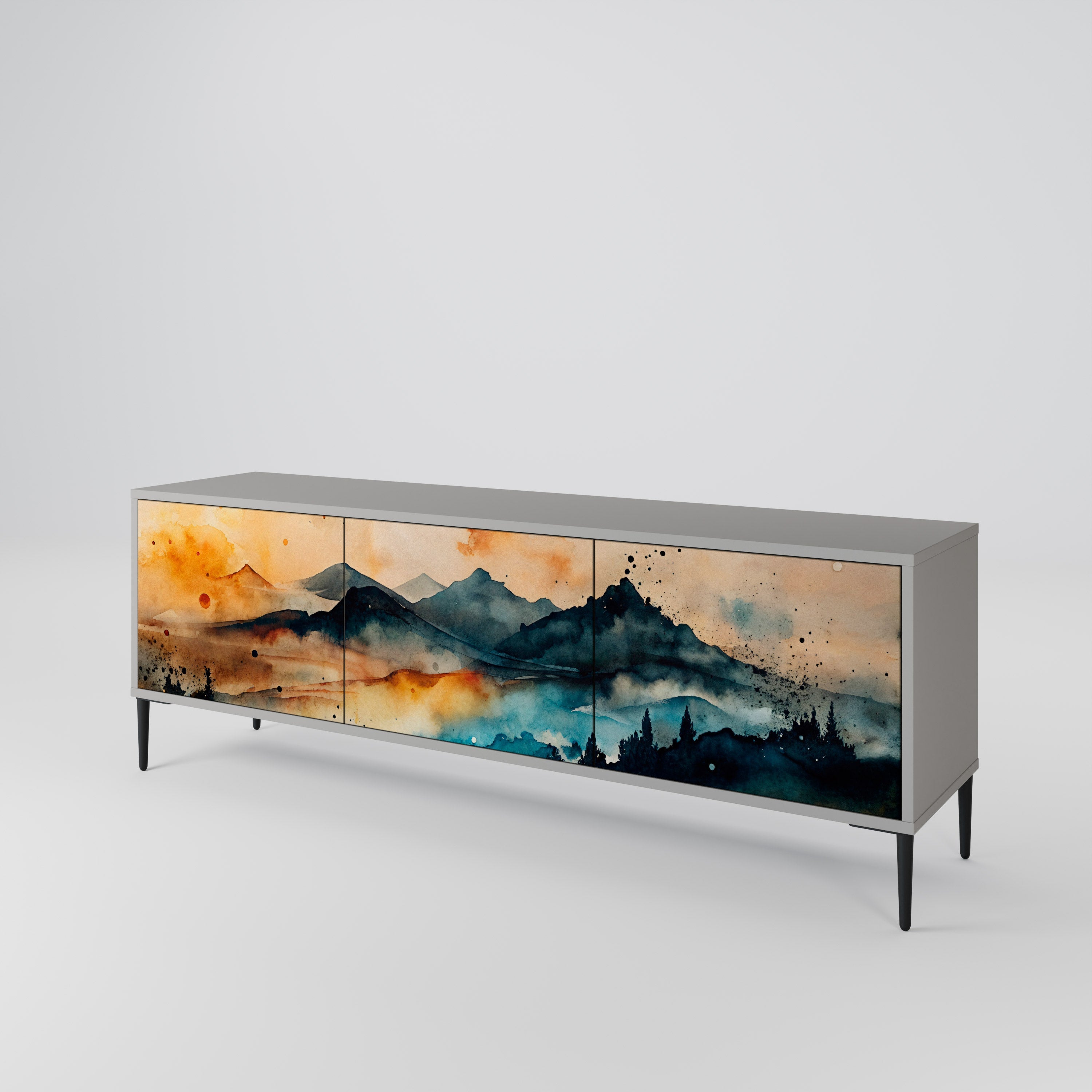 OMINOUS MOUNTAINS 3-Door TV Stand in Grey Finish