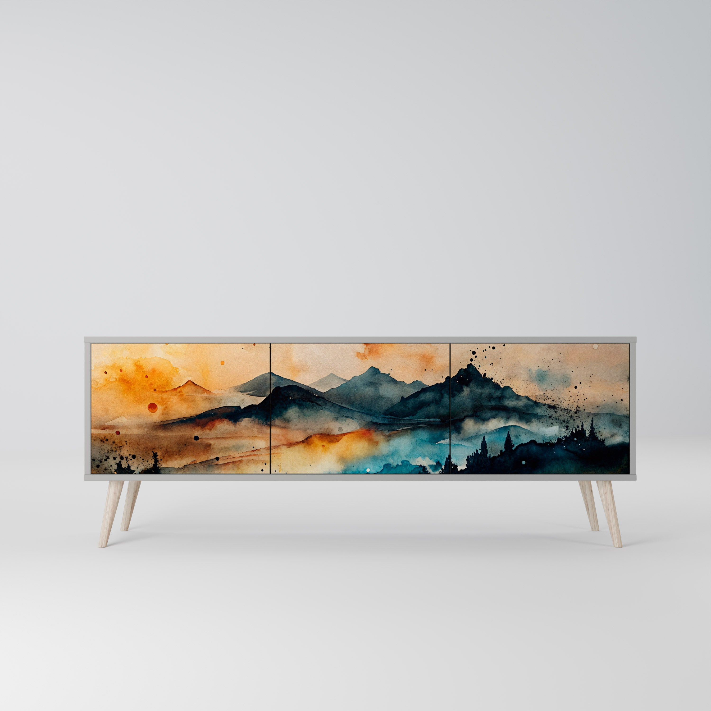 OMINOUS MOUNTAINS 3-Door TV Stand in Grey Finish