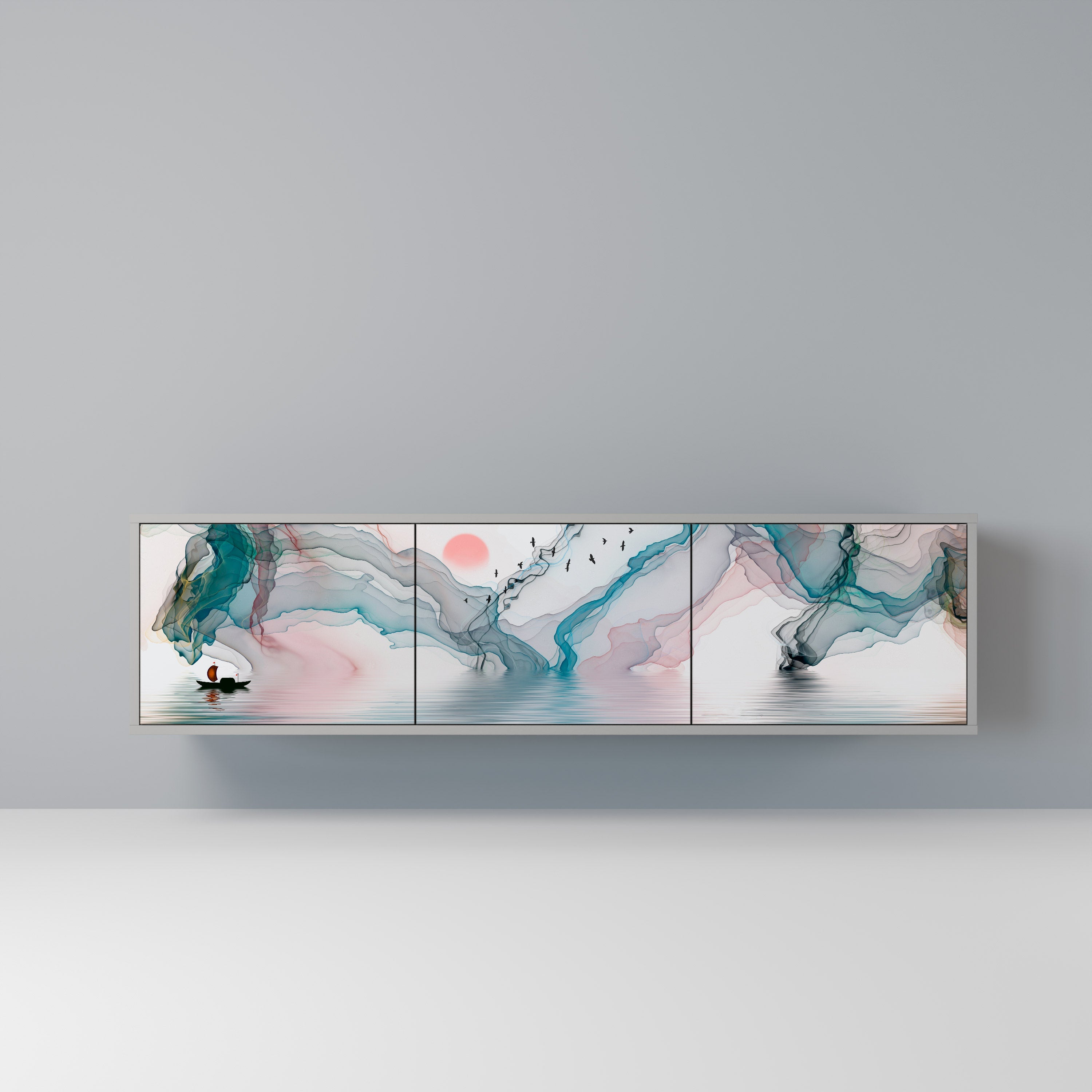 VELVET CROSSING 3-Door TV Stand in Grey Finish