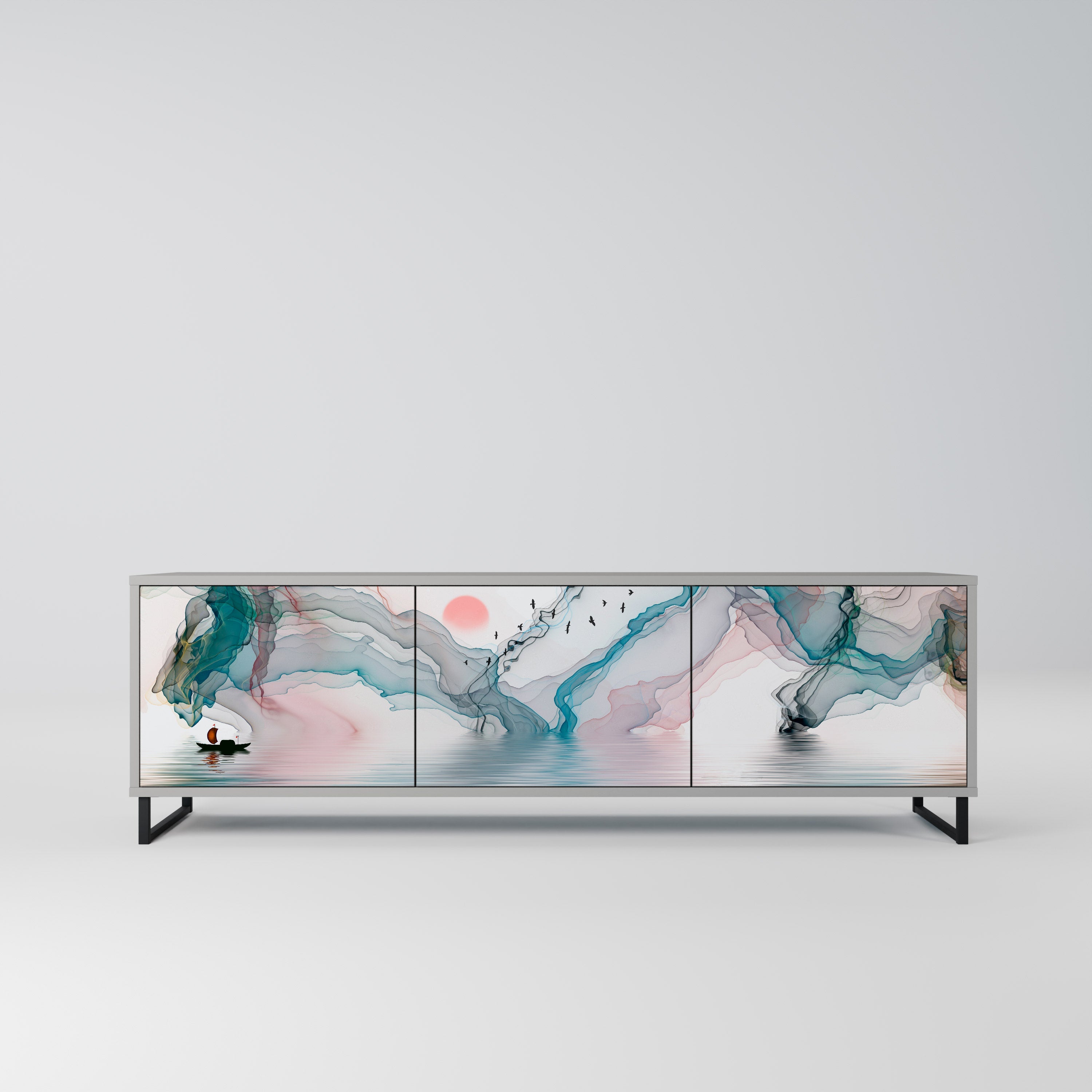 VELVET CROSSING 3-Door TV Stand in Grey Finish