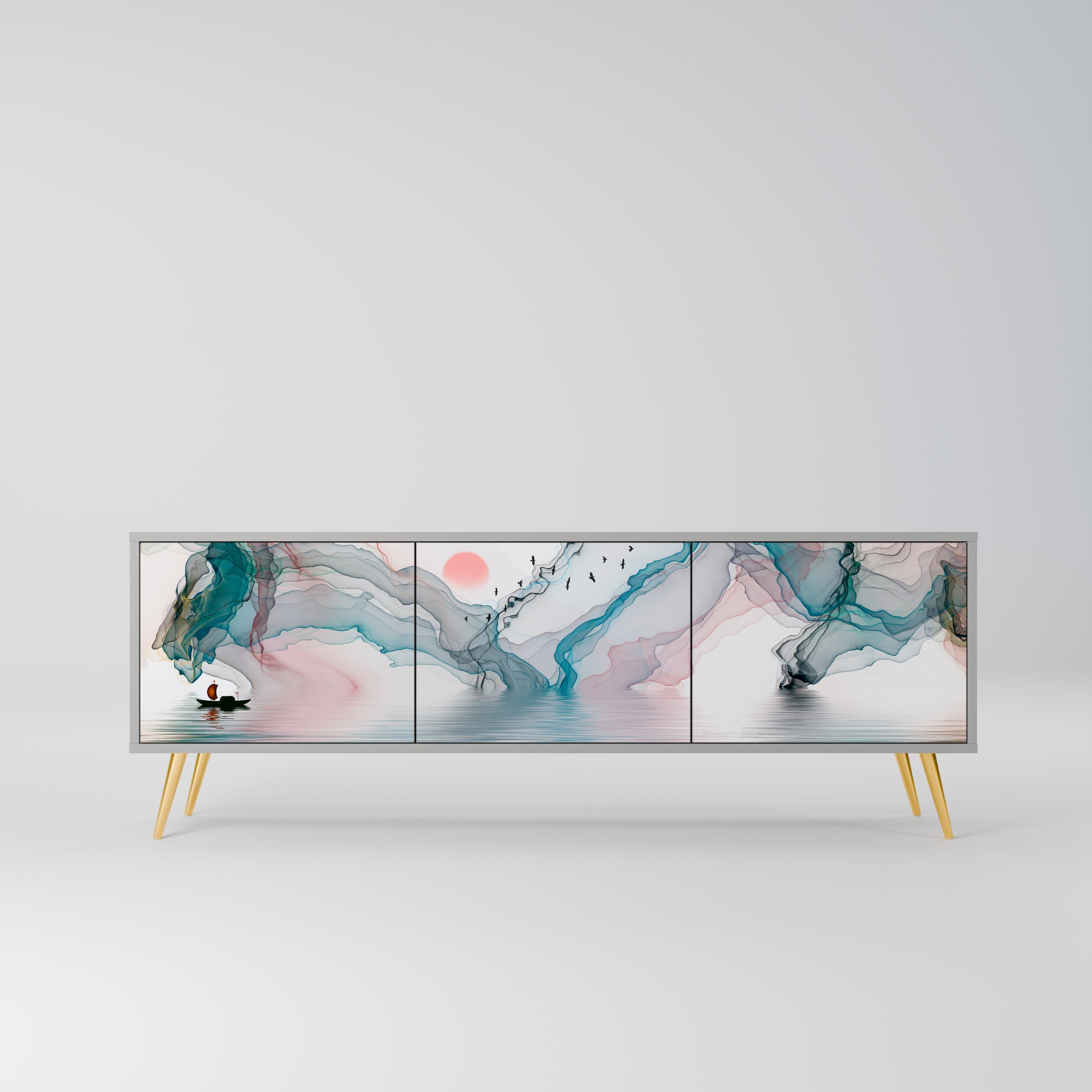 VELVET CROSSING 3-Door TV Stand in Grey Finish