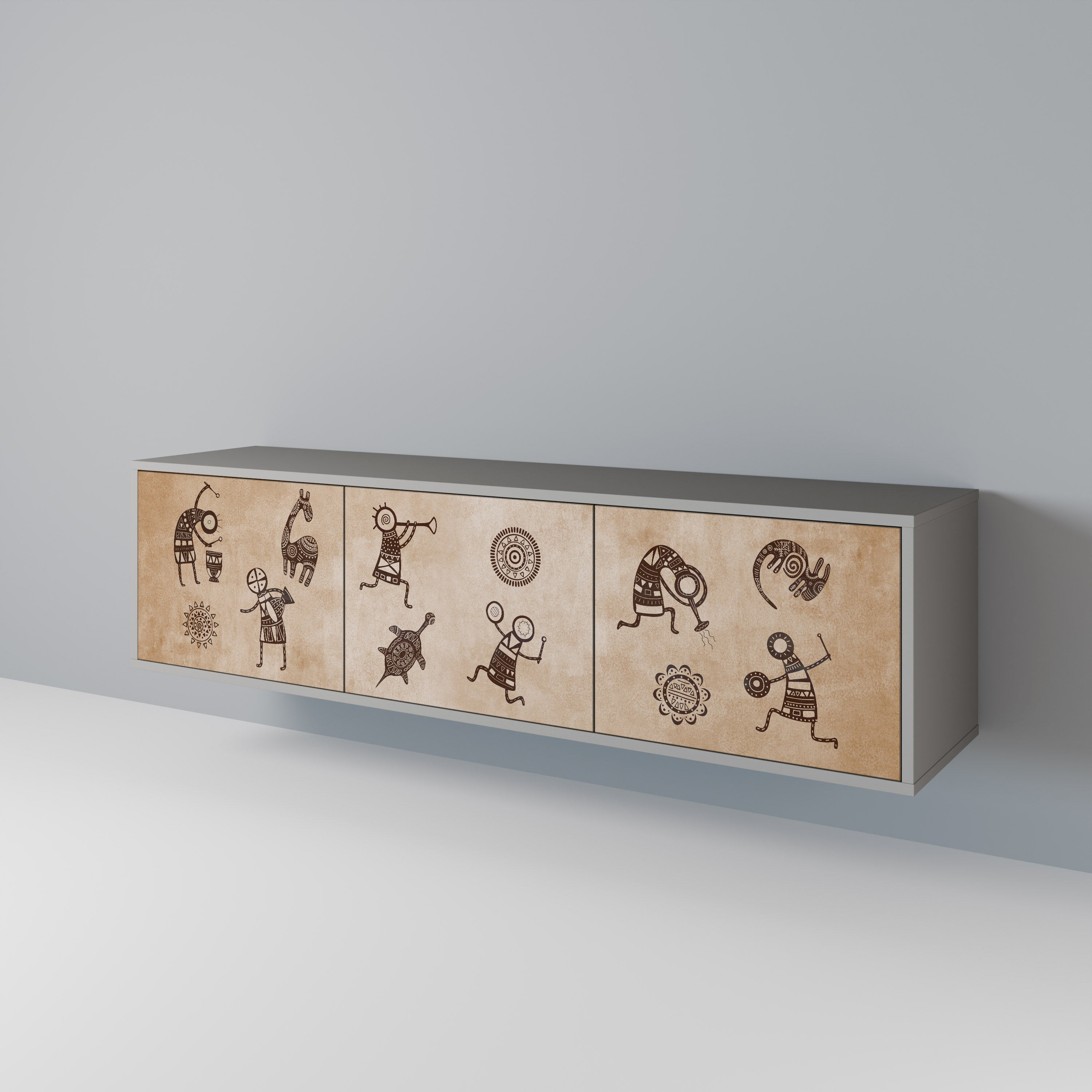 AFRICAN STYLE 3-Door TV Stand in Grey Finish
