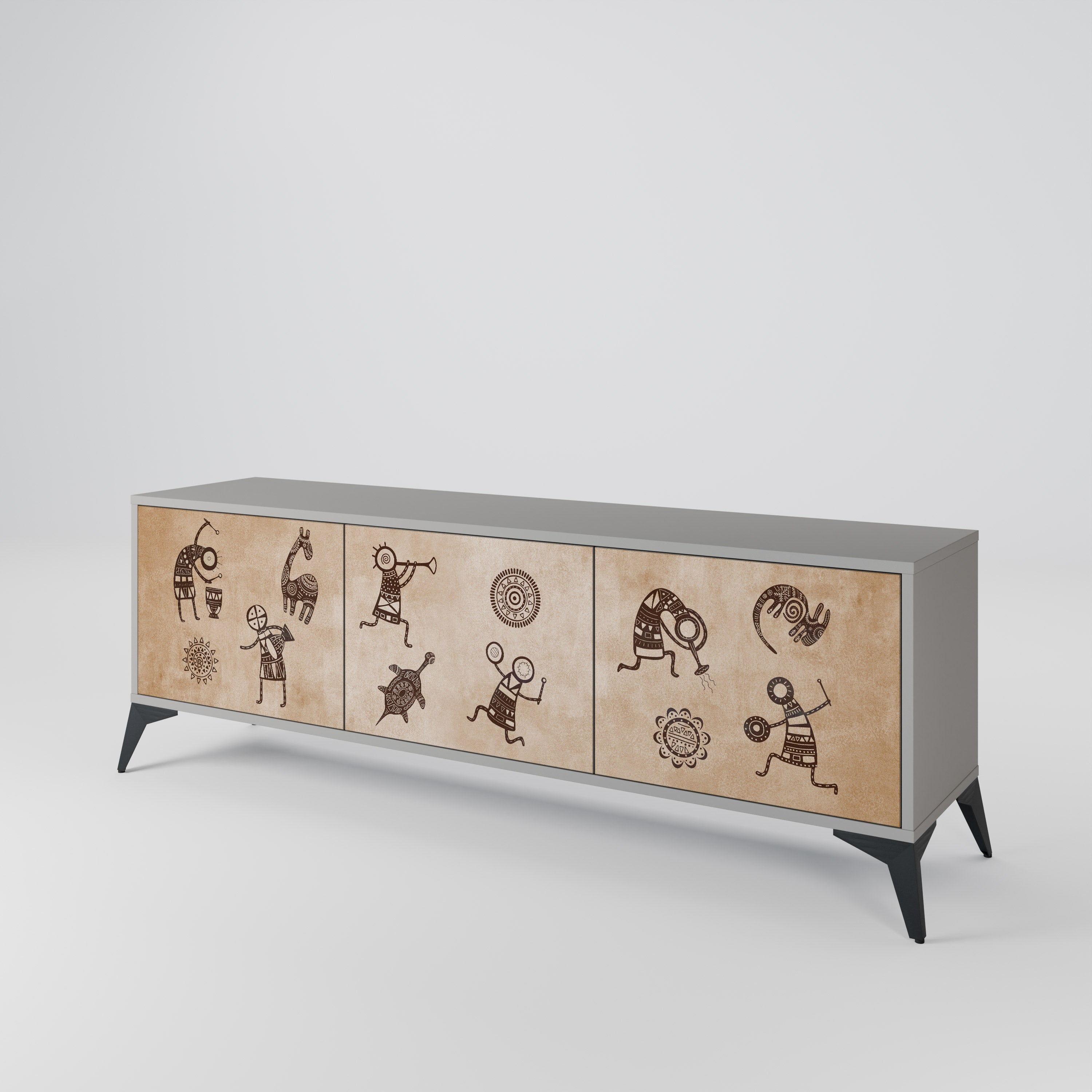 AFRICAN STYLE 3-Door TV Stand in Grey Finish