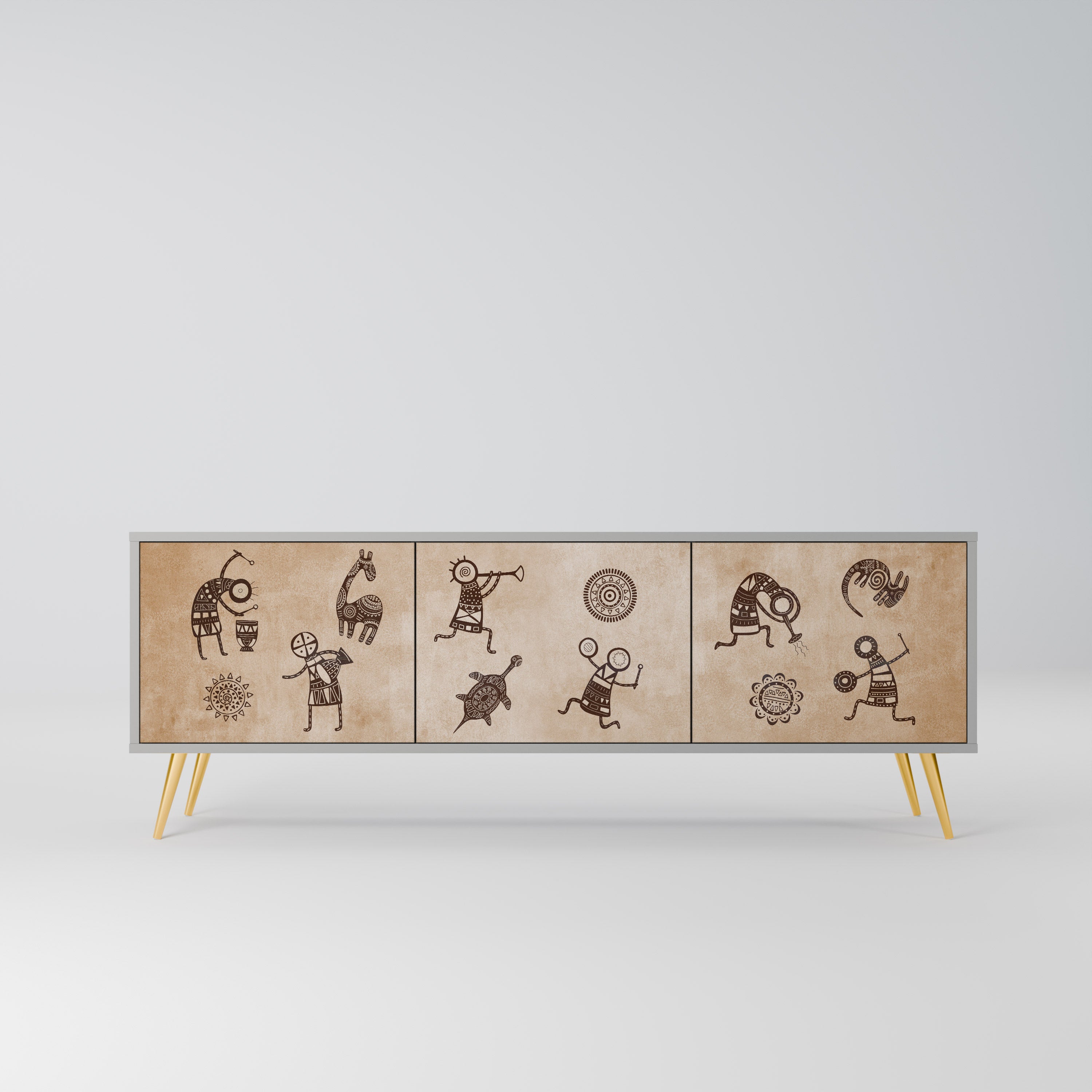 AFRICAN STYLE 3-Door TV Stand in Grey Finish