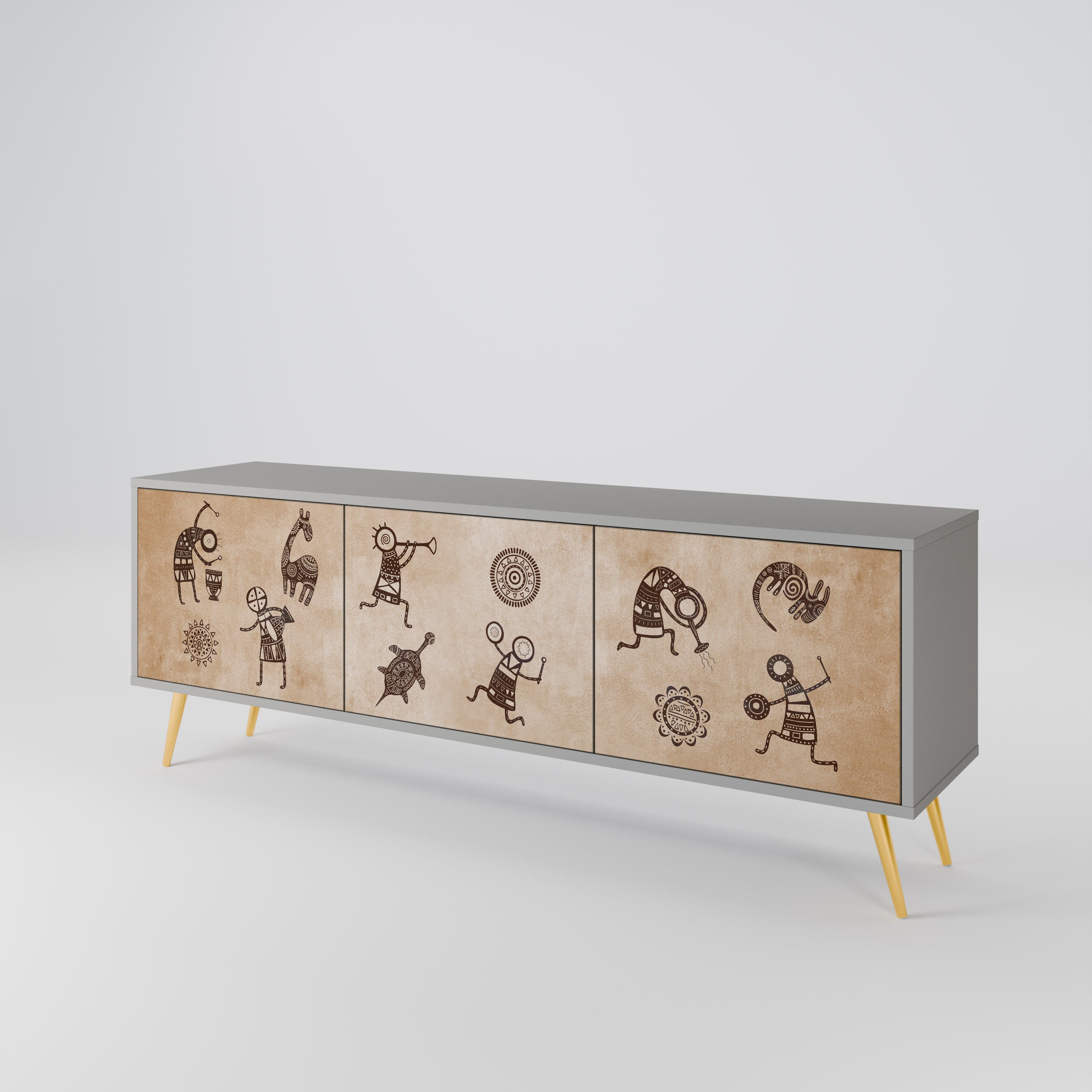 AFRICAN STYLE 3-Door TV Stand in Grey Finish