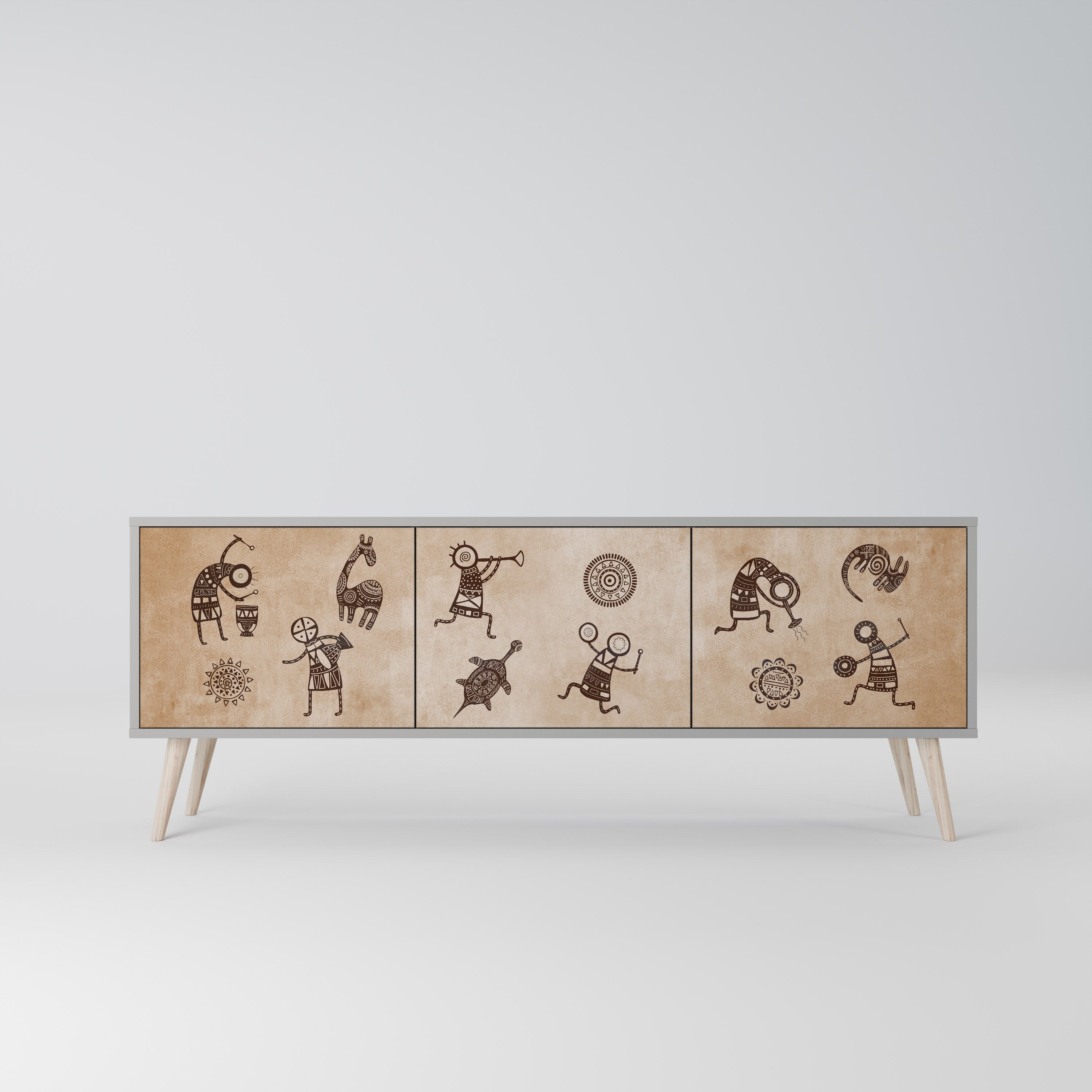 AFRICAN STYLE 3-Door TV Stand in Grey Finish