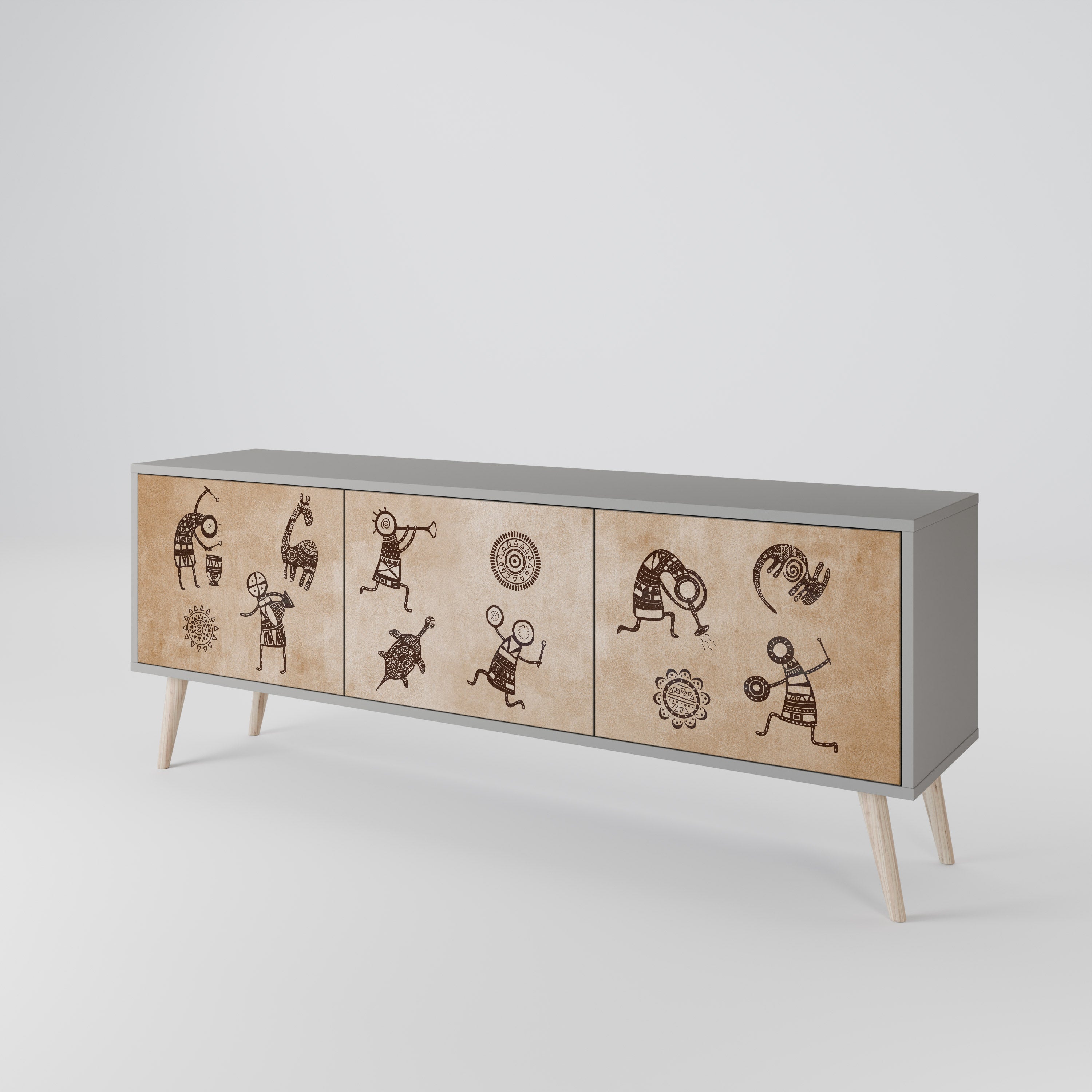 AFRICAN STYLE 3-Door TV Stand in Grey Finish