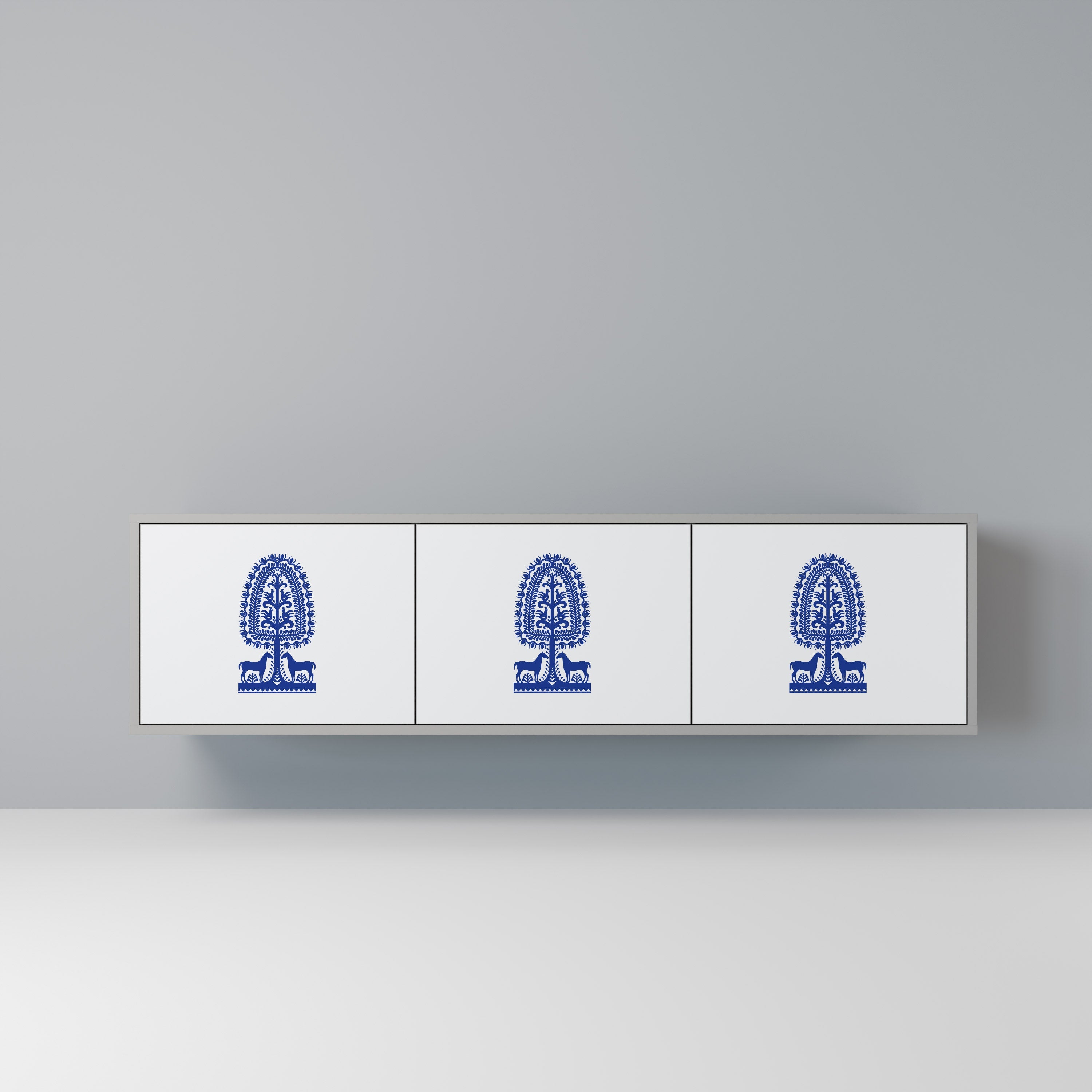 POLISH FOLK ART 3-Door TV Stand in Grey Finish