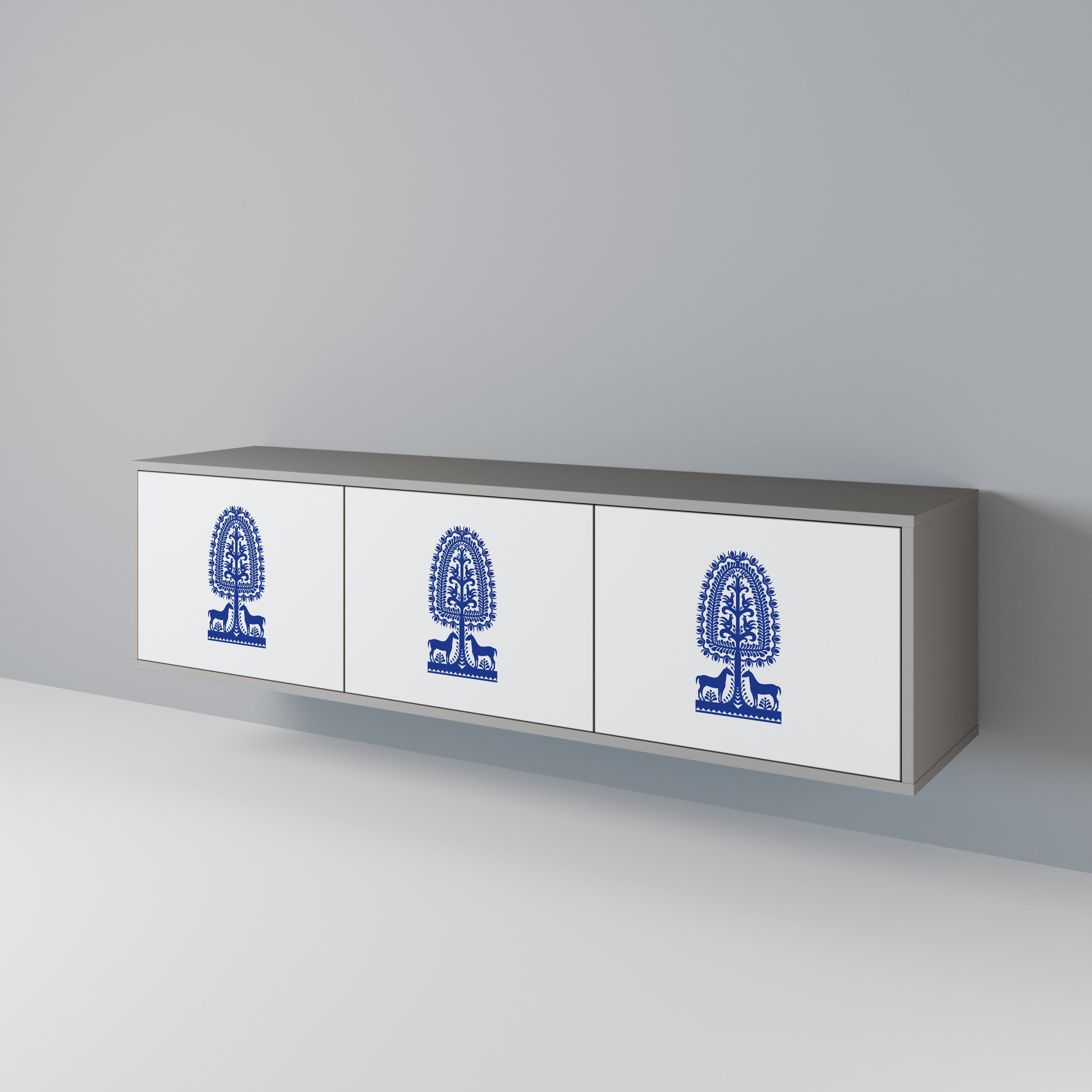 POLISH FOLK ART 3-Door TV Stand in Grey Finish