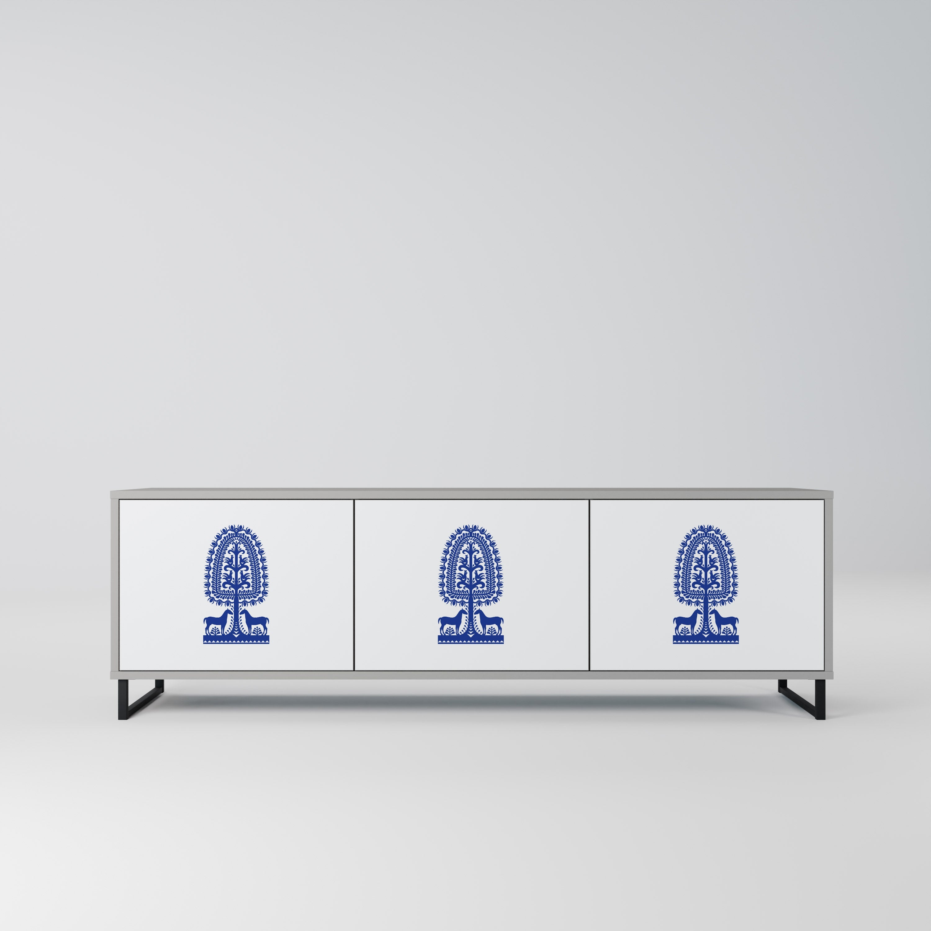 POLISH FOLK ART 3-Door TV Stand in Grey Finish