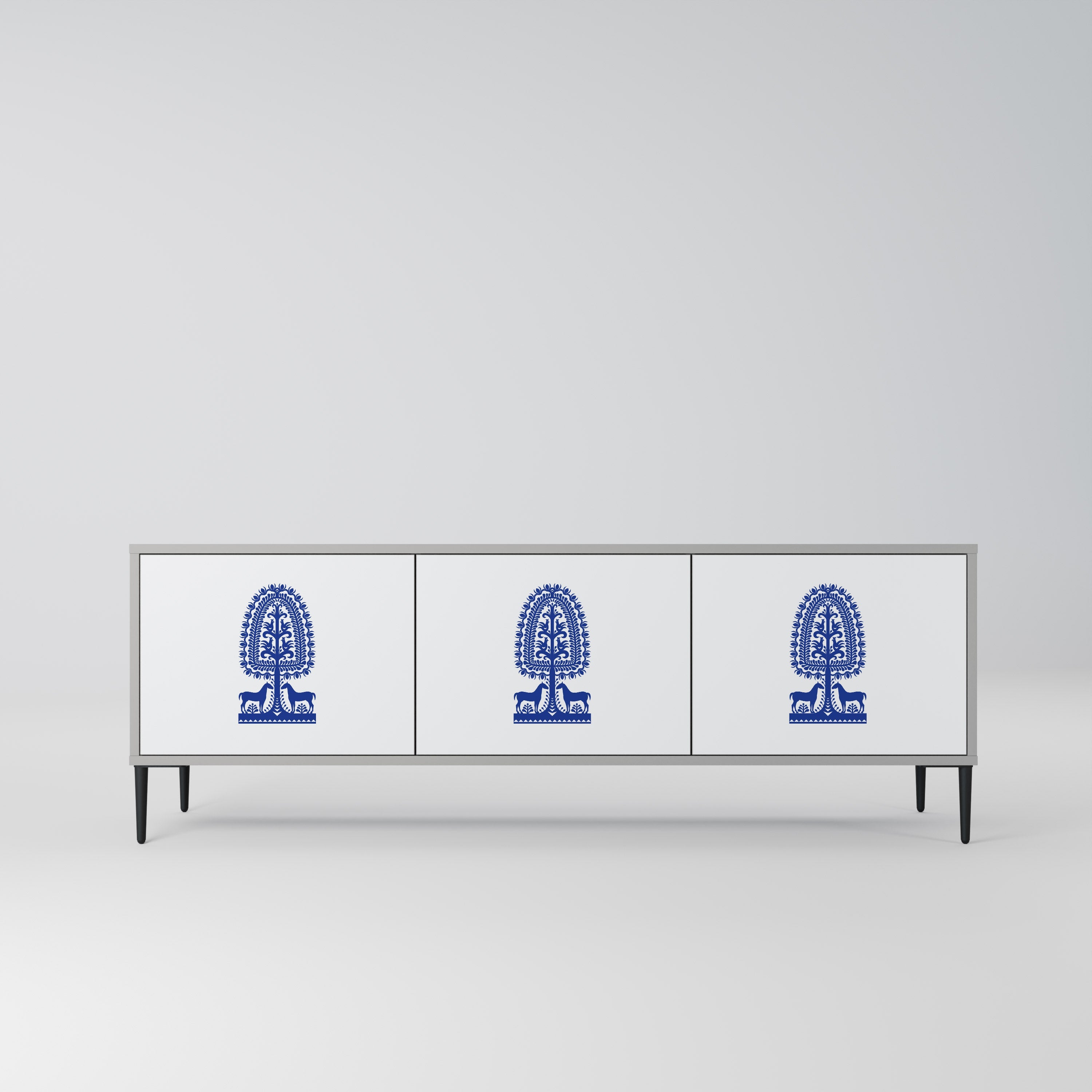 POLISH FOLK ART 3-Door TV Stand in Grey Finish