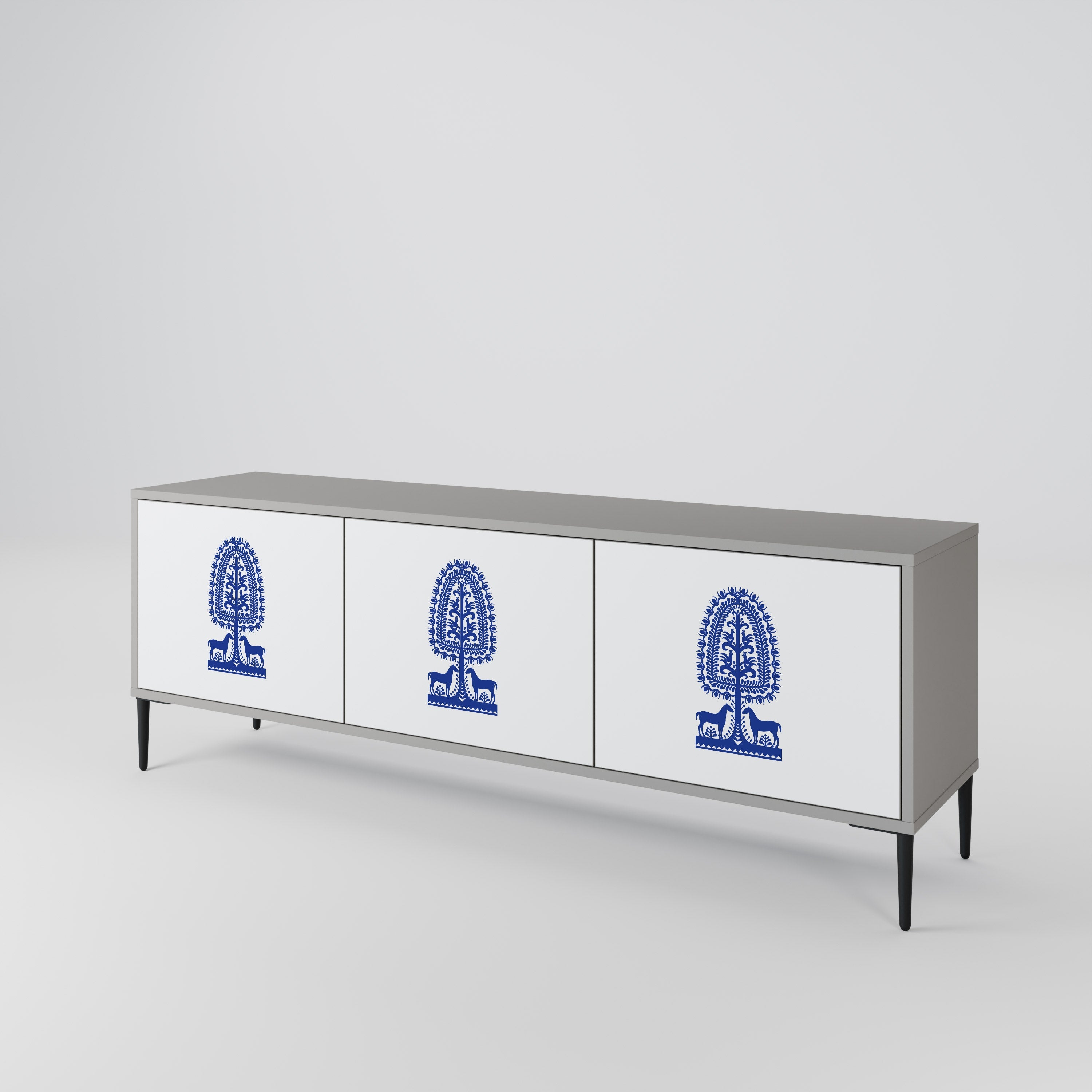 POLISH FOLK ART 3-Door TV Stand in Grey Finish