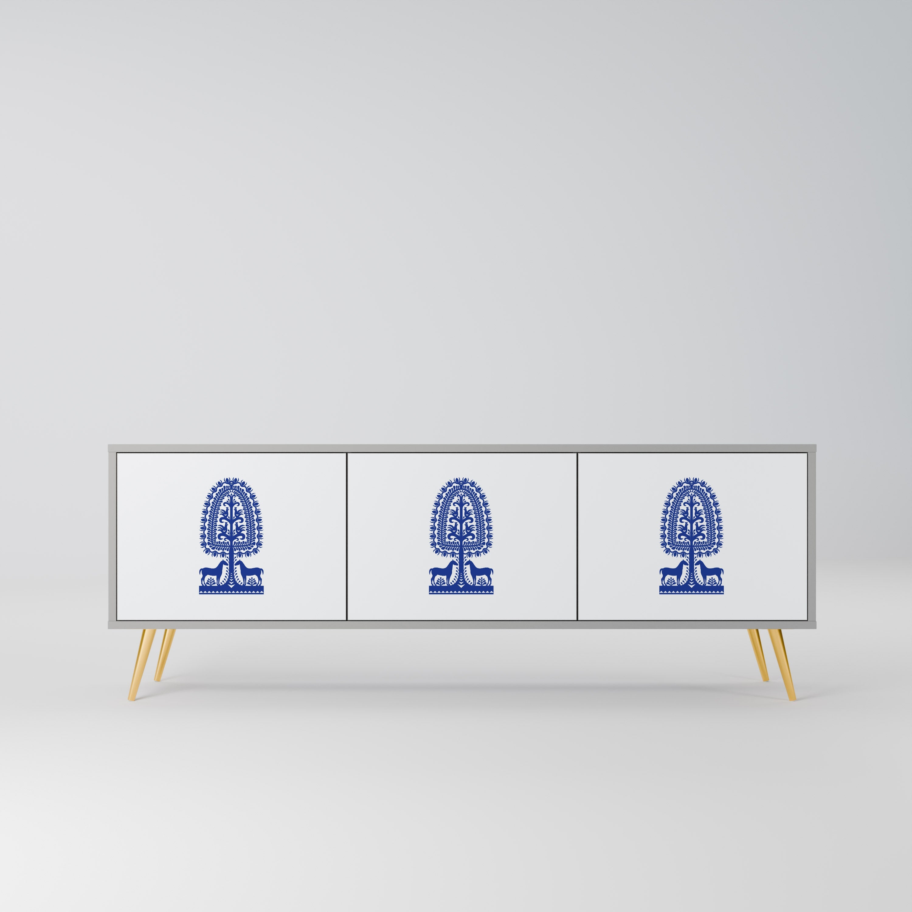 POLISH FOLK ART 3-Door TV Stand in Grey Finish