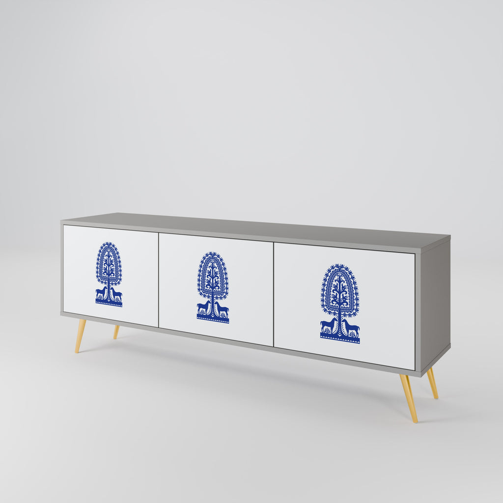 POLISH FOLK ART 3-Door TV Stand in Grey Finish