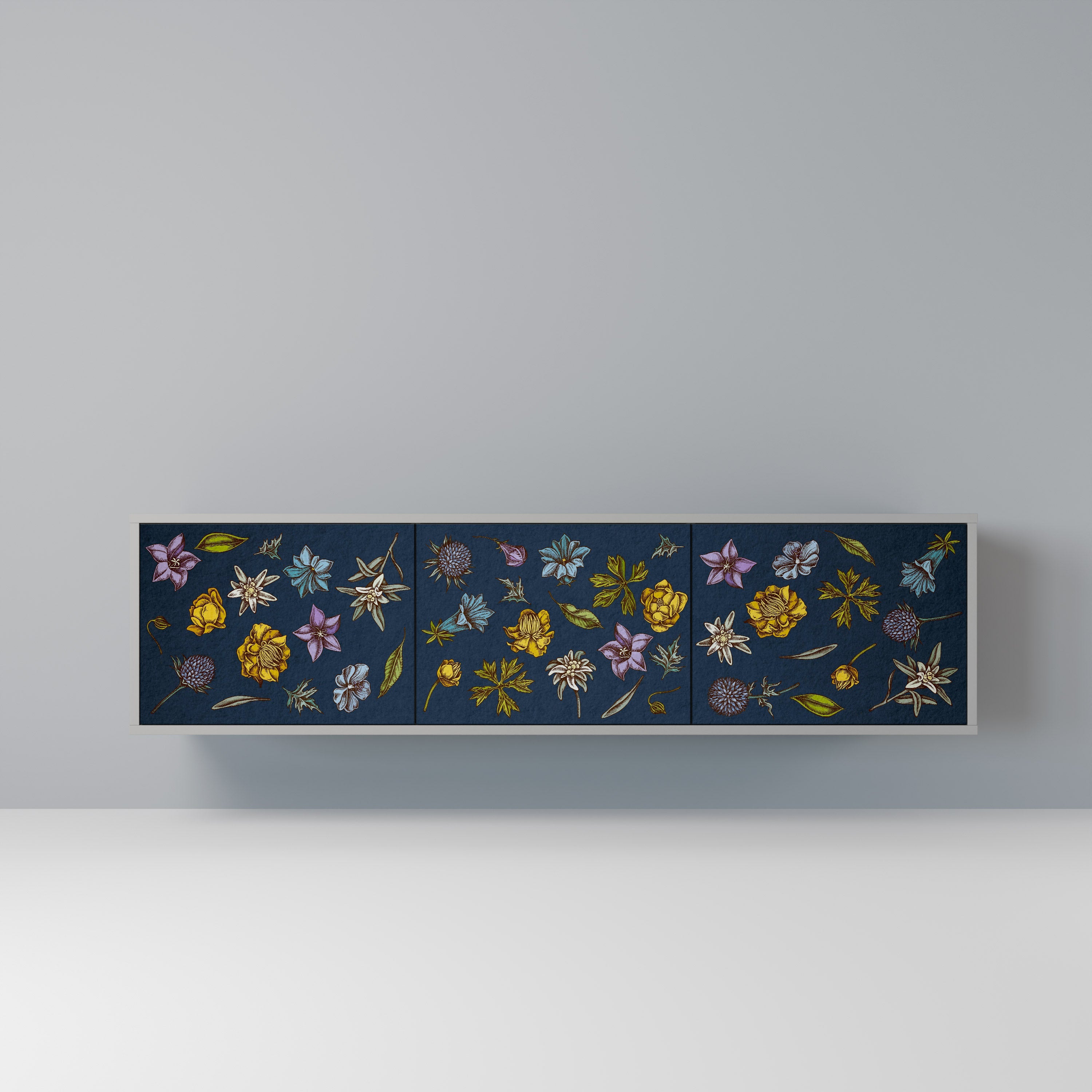 FLOWERS ON NAVY BLUE TV-Lowboard mit 3 Türen in Grau