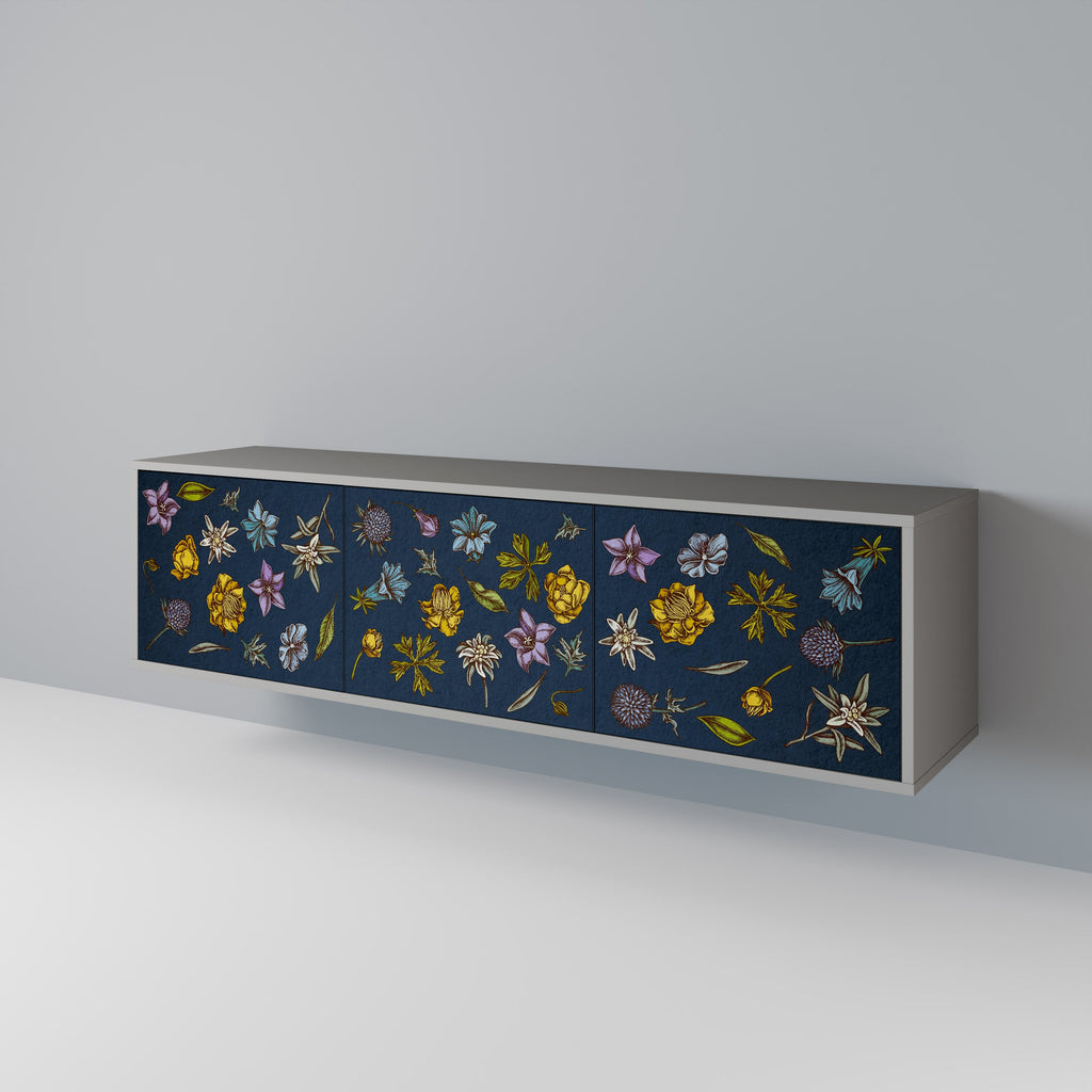FLOWERS ON NAVY BLUE TV-Lowboard mit 3 Türen in Grau