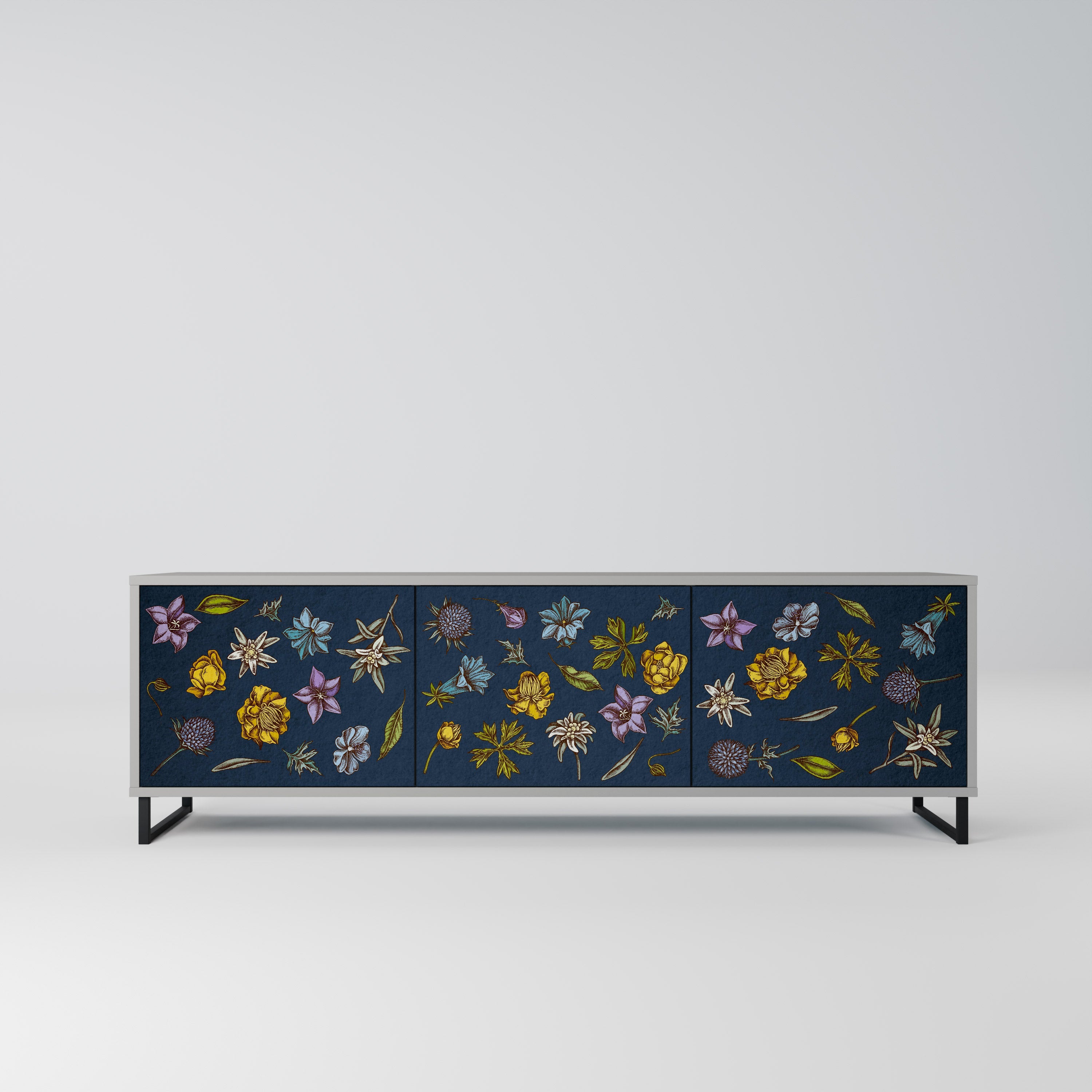 FLOWERS ON NAVY BLUE TV-Lowboard mit 3 Türen in Grau