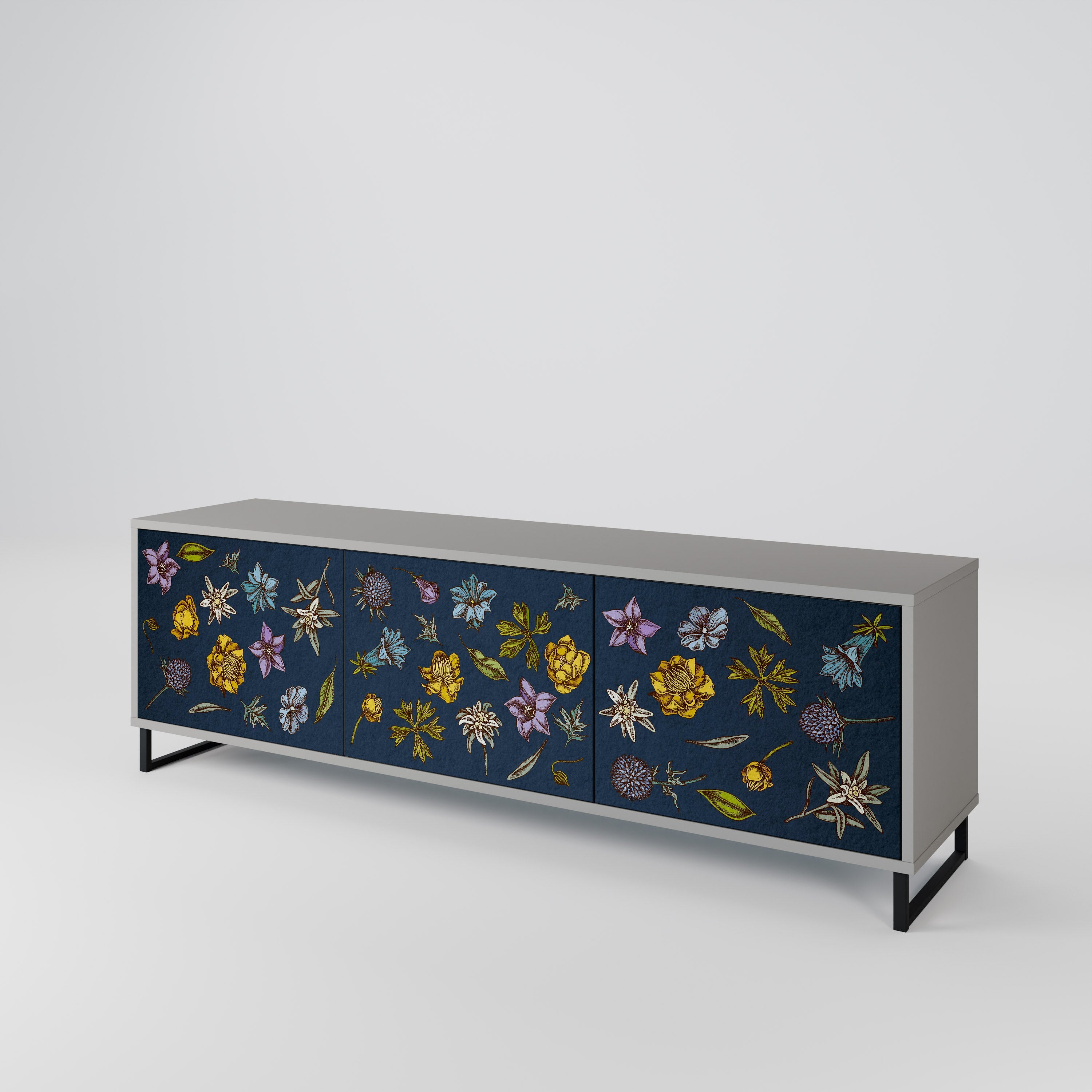 FLOWERS ON NAVY BLUE TV-Lowboard mit 3 Türen in Grau