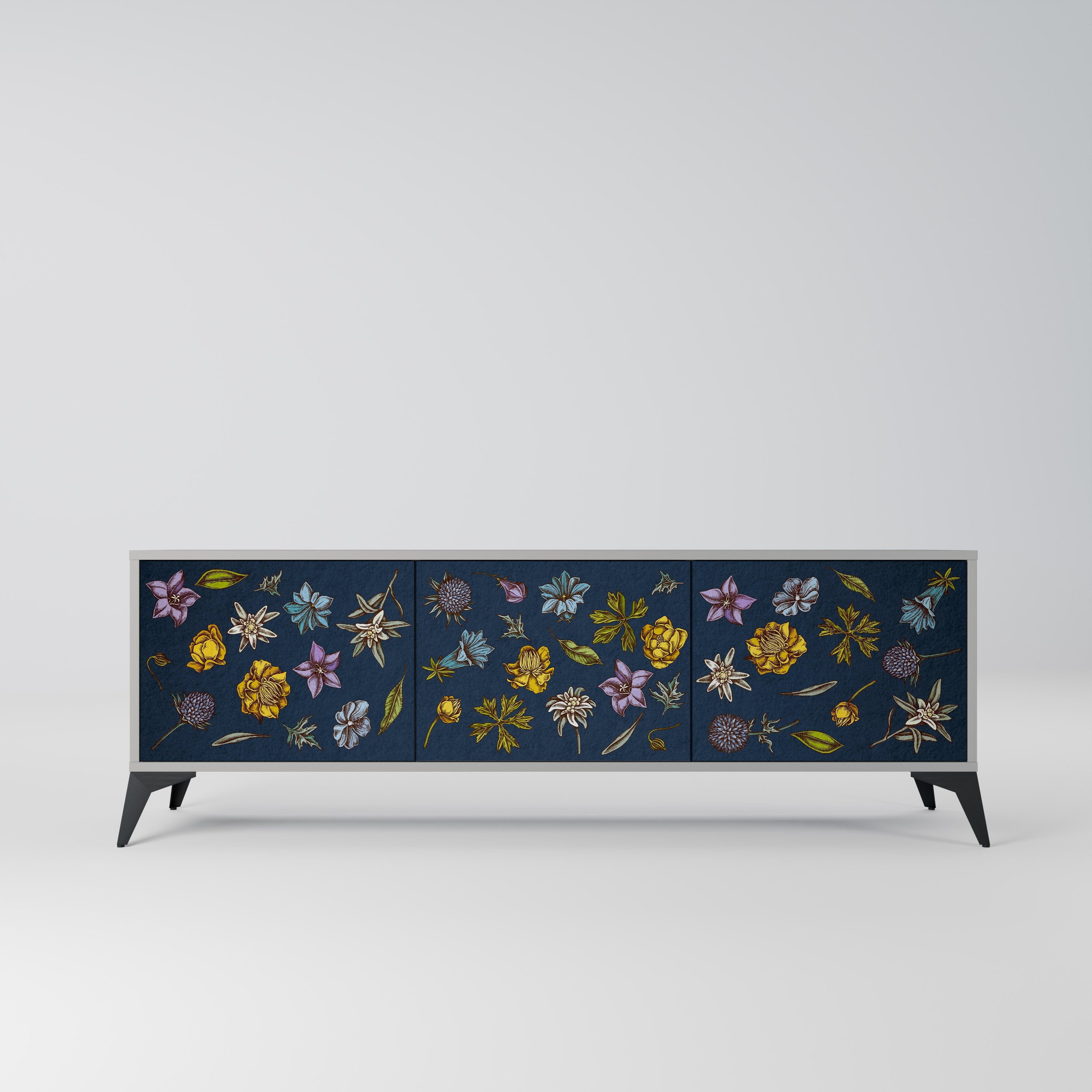 FLOWERS ON NAVY BLUE TV-Lowboard mit 3 Türen in Grau
