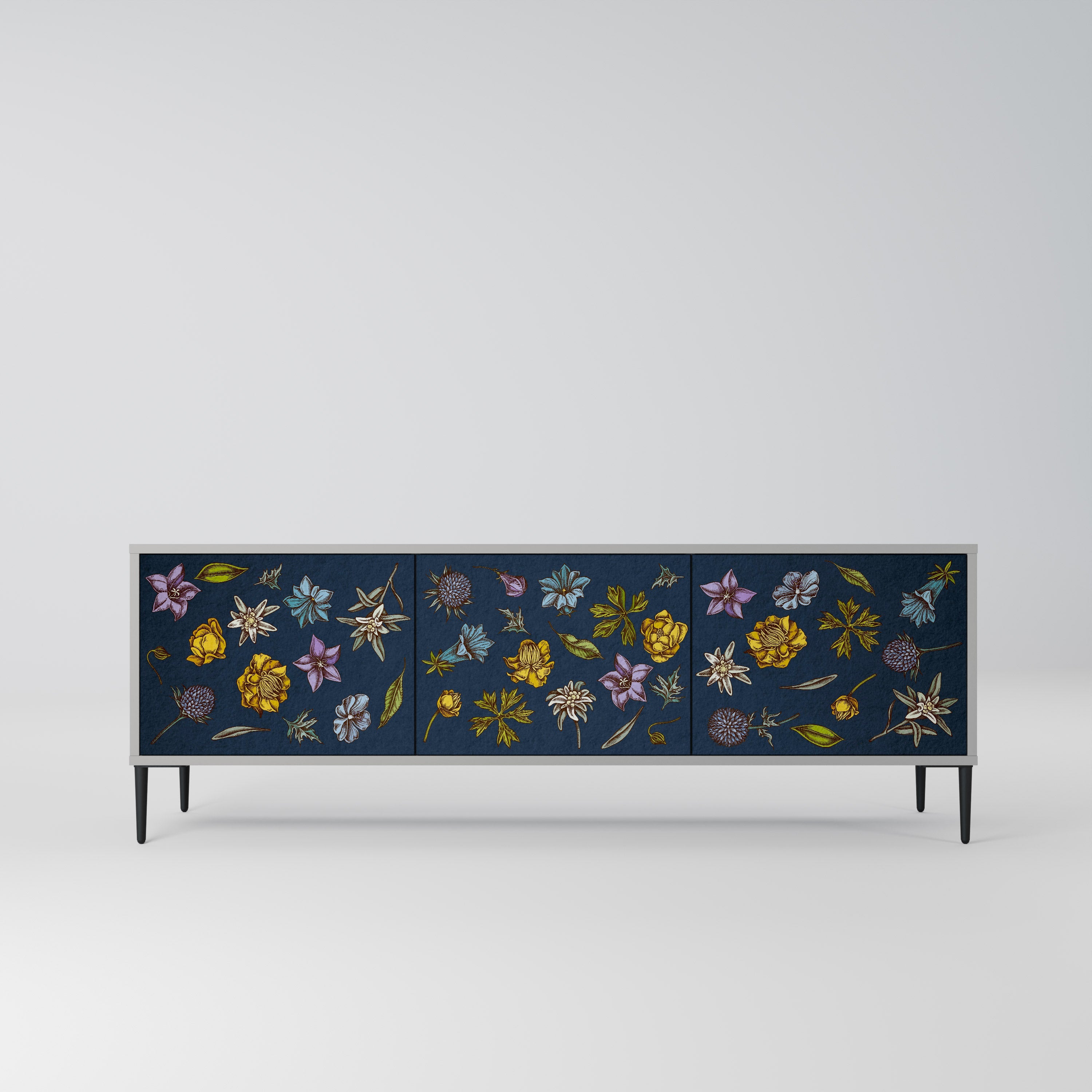 FLOWERS ON NAVY BLUE TV-Lowboard mit 3 Türen in Grau