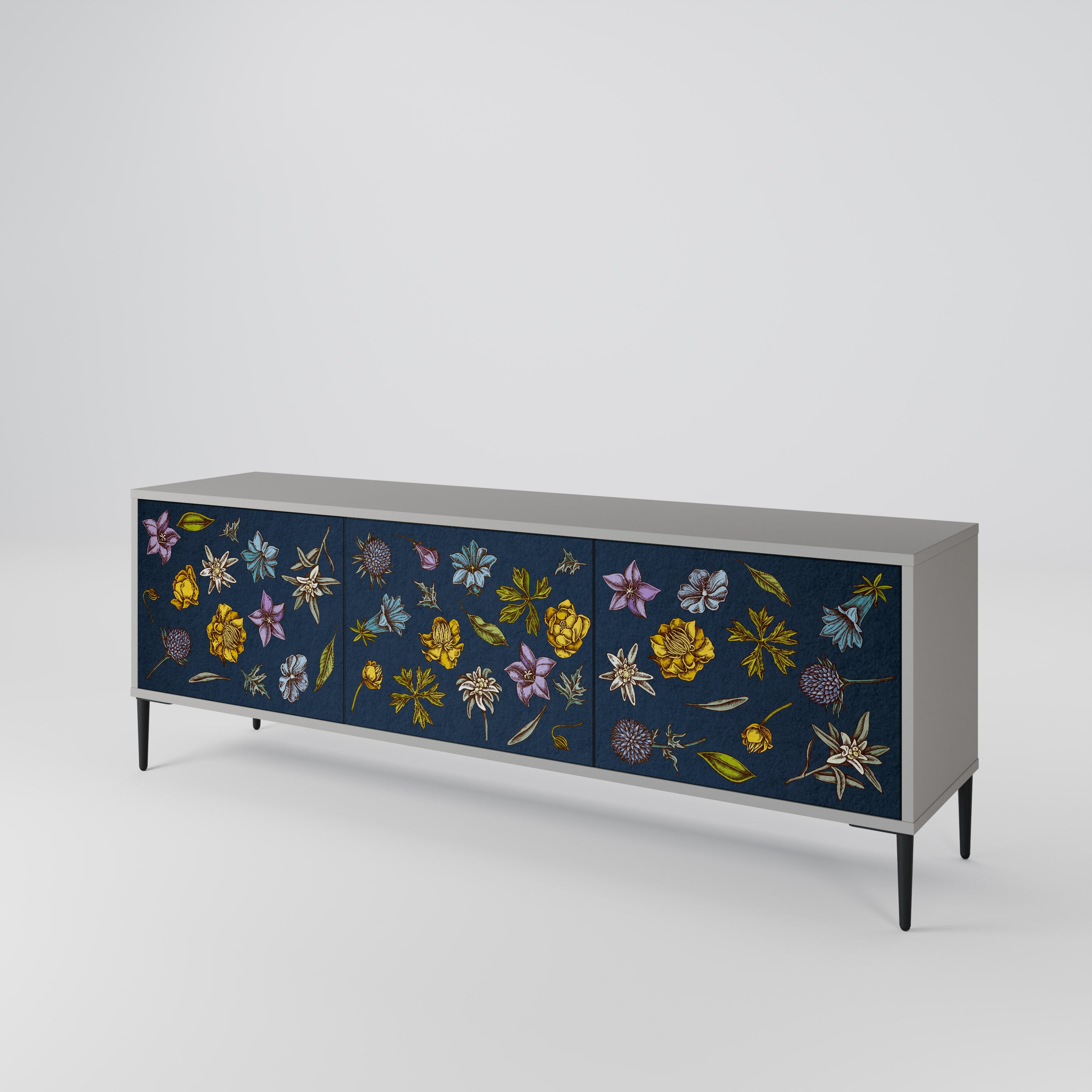 FLOWERS ON NAVY BLUE 3-Door TV Cabinet