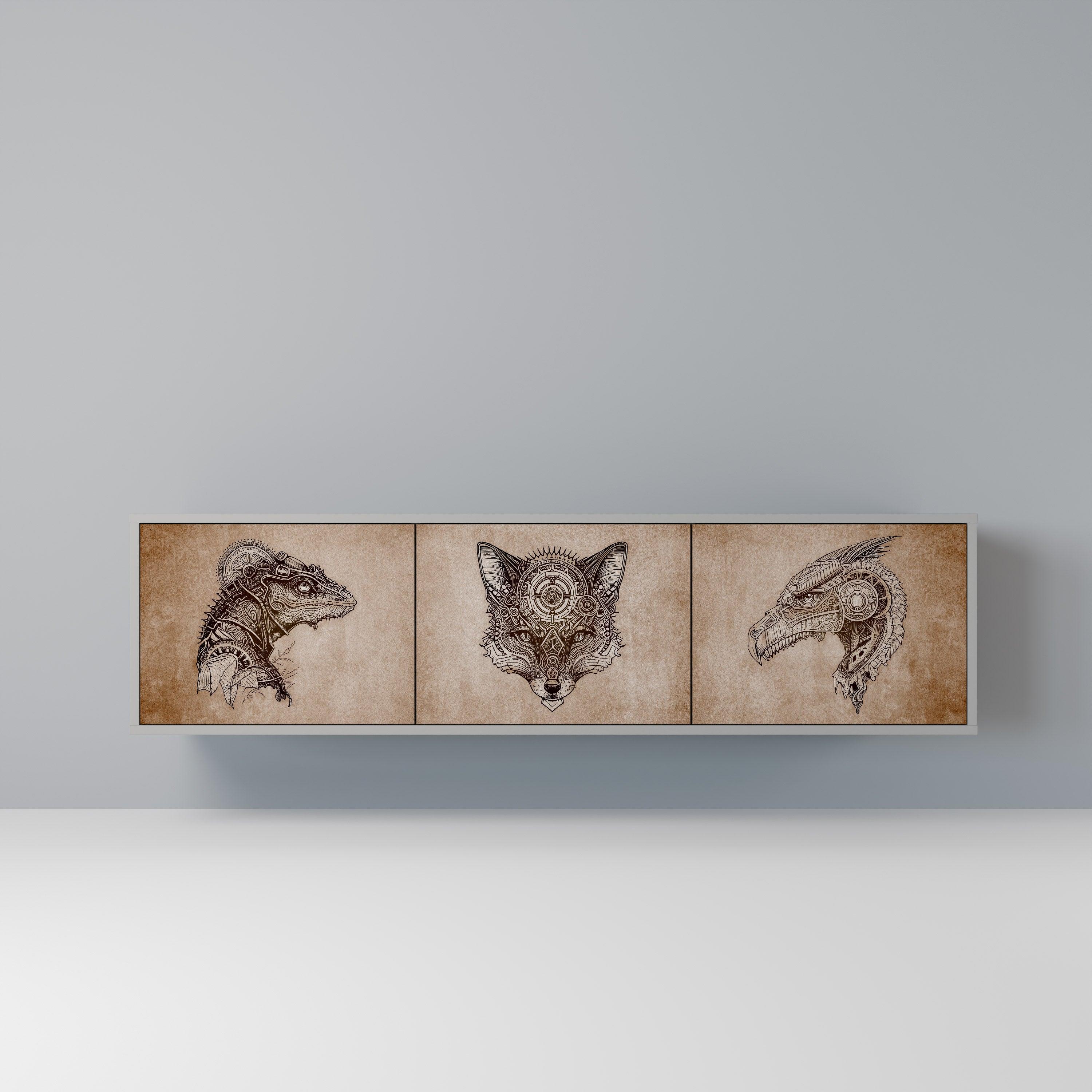 STEAMPUNK CLAN TV-Lowboard mit 3 Türen in Grau