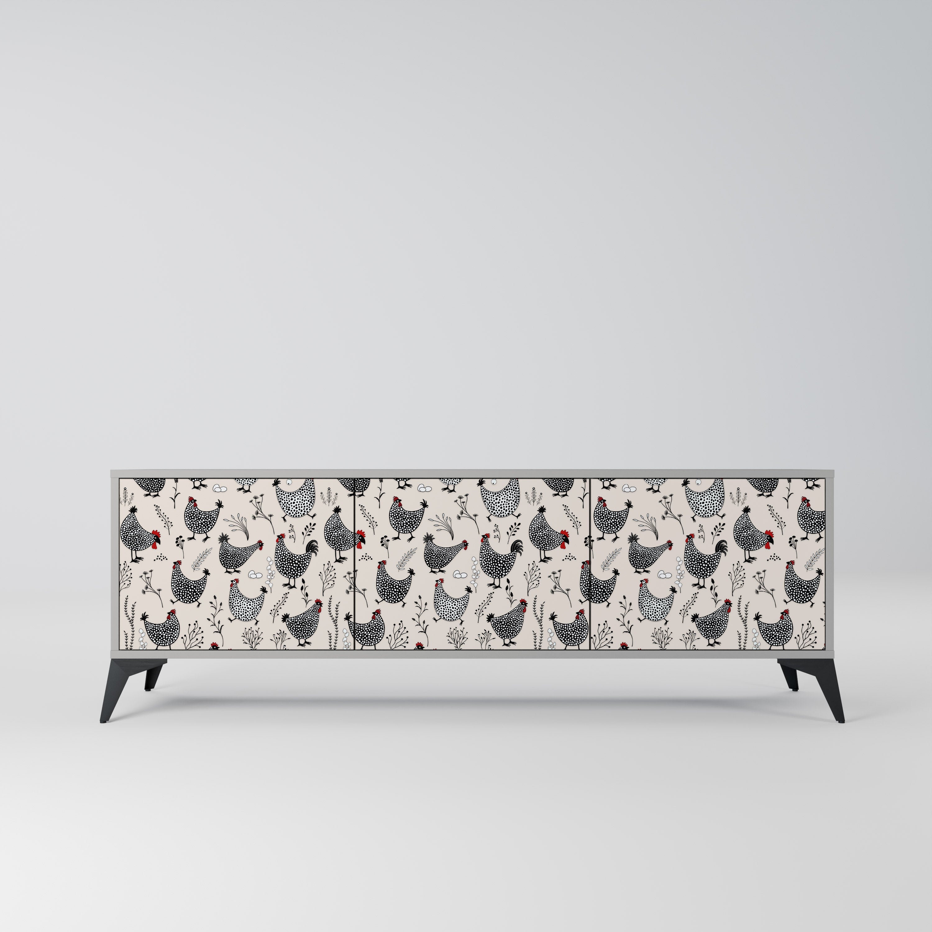 HAPPY HENS 3-Door TV Stand in Grey Finish